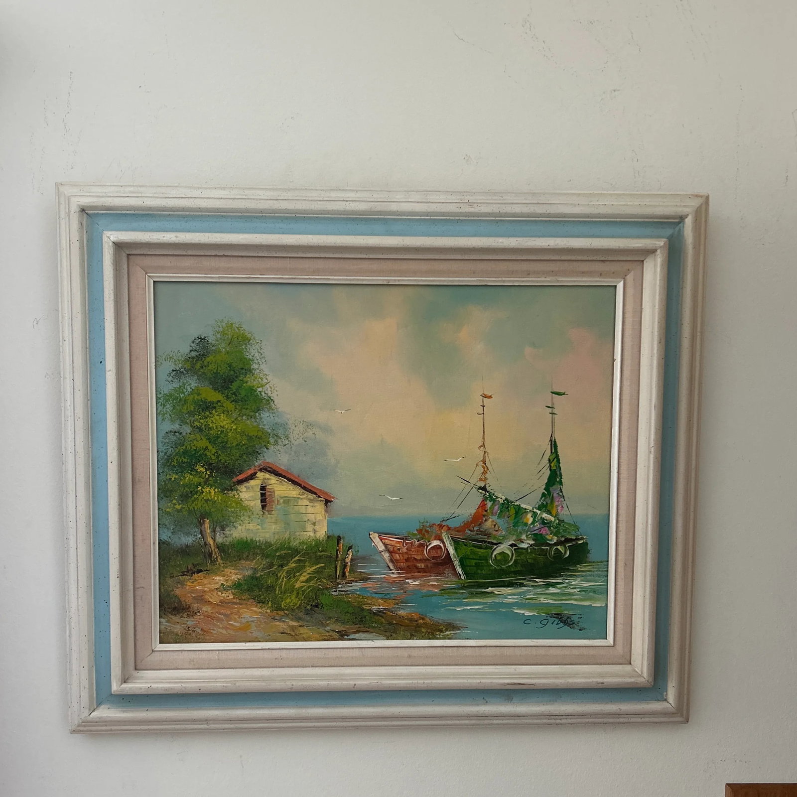 Vintage Oil Painting on Canvas Coastal Scene W/ Boats and House by C. Gibbs Framed - 11