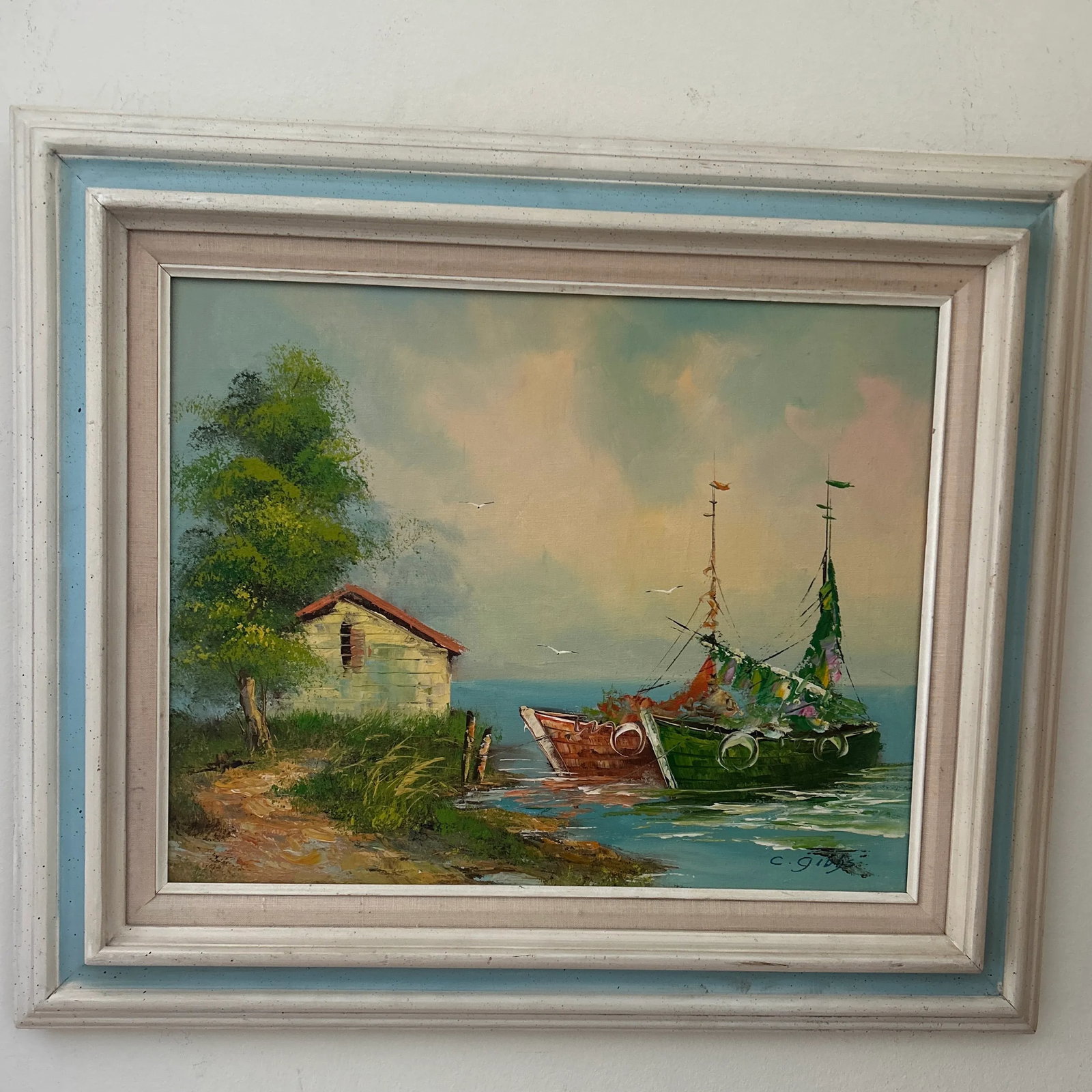 Vintage Oil Painting on Canvas Coastal Scene W/ Boats and House by C. Gibbs Framed - 12