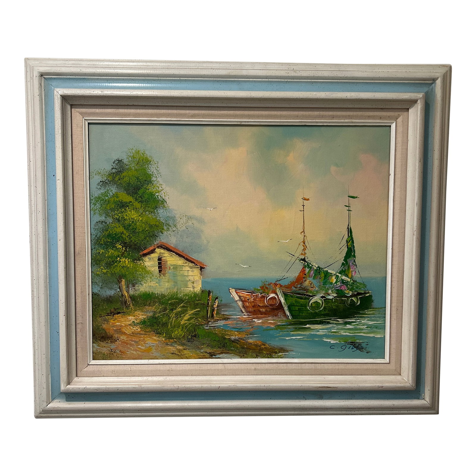 Vintage Oil Painting on Canvas Coastal Scene W/ Boats and House by C. Gibbs Framed: This beautiful oil painting on canvas depicts a coastal scene with boats and a house. The artist, C. Gibbs, expertly captures the tranquility of the seascape using the production technique of oil