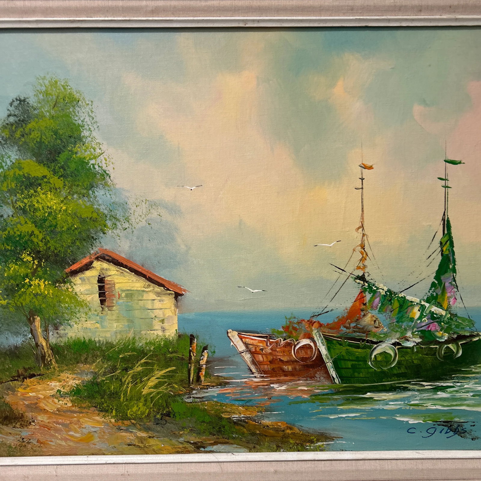 Vintage Oil Painting on Canvas Coastal Scene W/ Boats and House by C. Gibbs Framed - 2