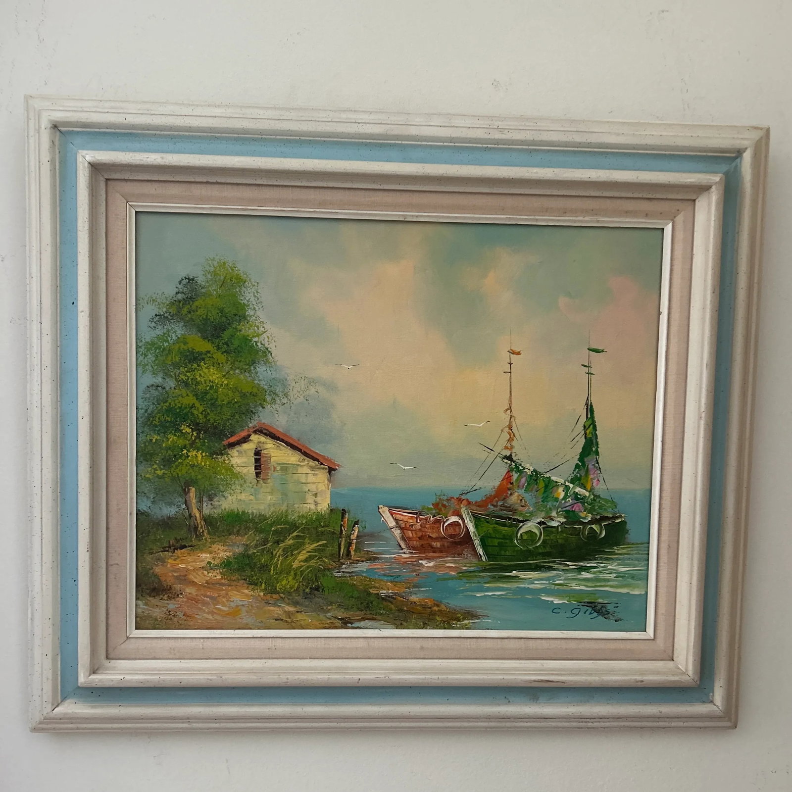 Vintage Oil Painting on Canvas Coastal Scene W/ Boats and House by C. Gibbs Framed - 3