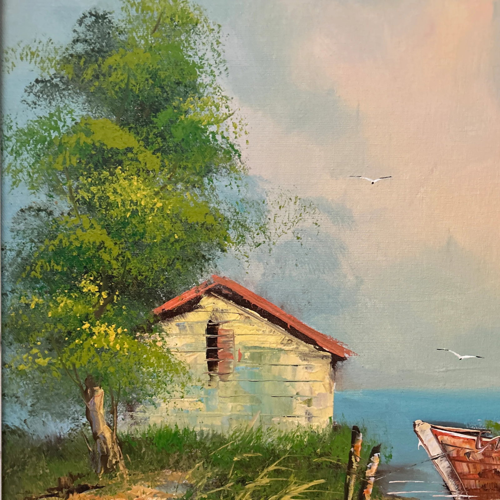 Vintage Oil Painting on Canvas Coastal Scene W/ Boats and House by C. Gibbs Framed - 4