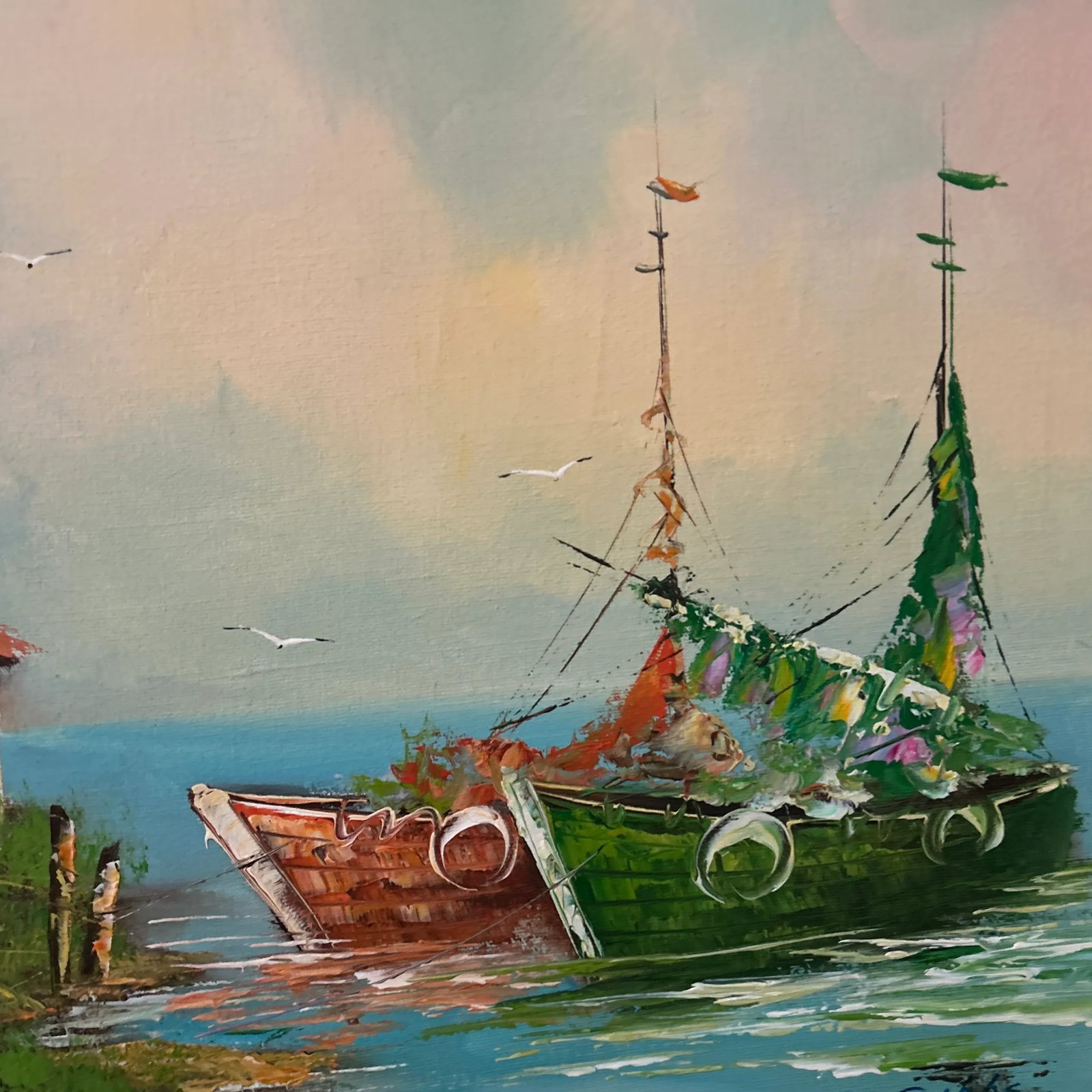 Vintage Oil Painting on Canvas Coastal Scene W/ Boats and House by C. Gibbs Framed - 5