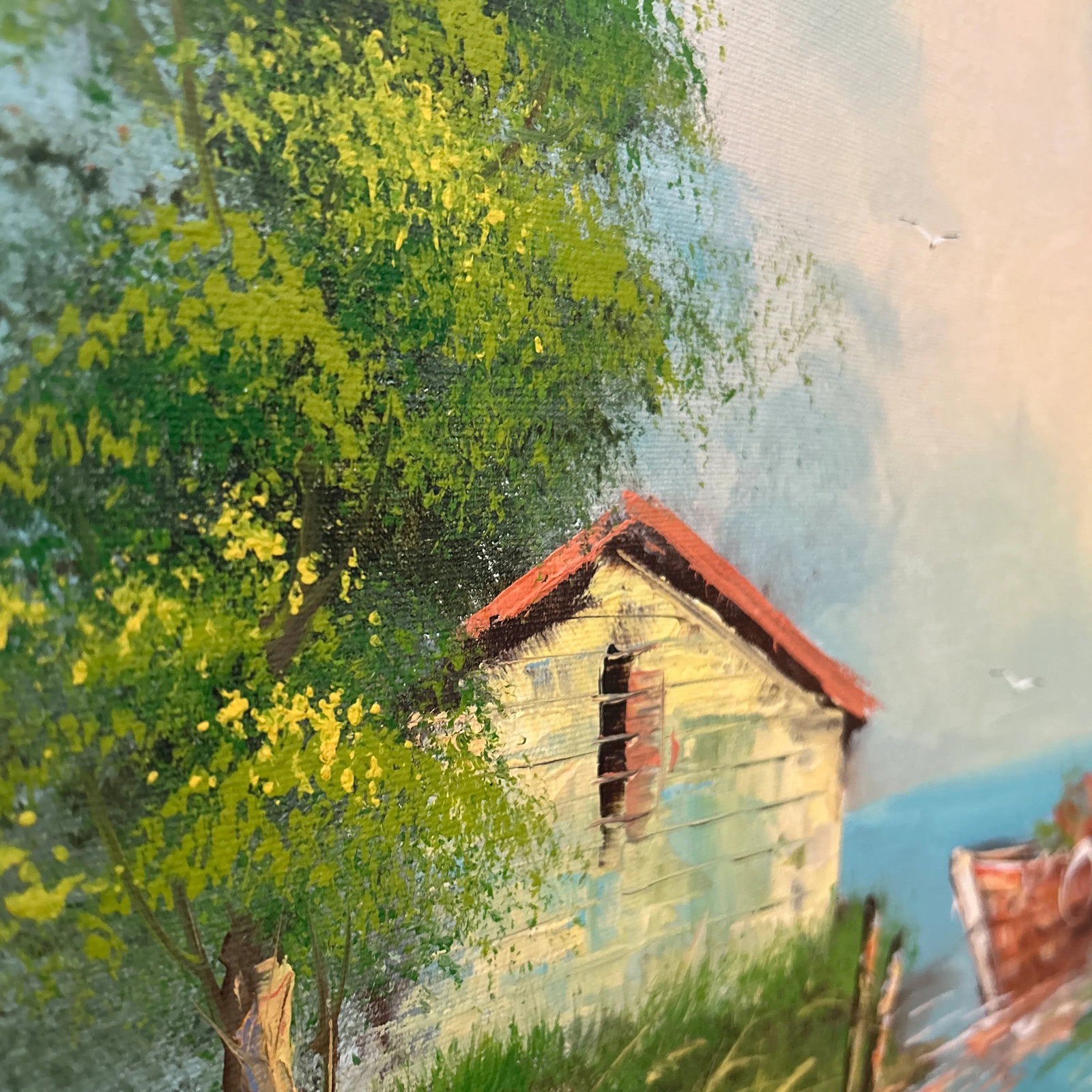 Vintage Oil Painting on Canvas Coastal Scene W/ Boats and House by C. Gibbs Framed - 6