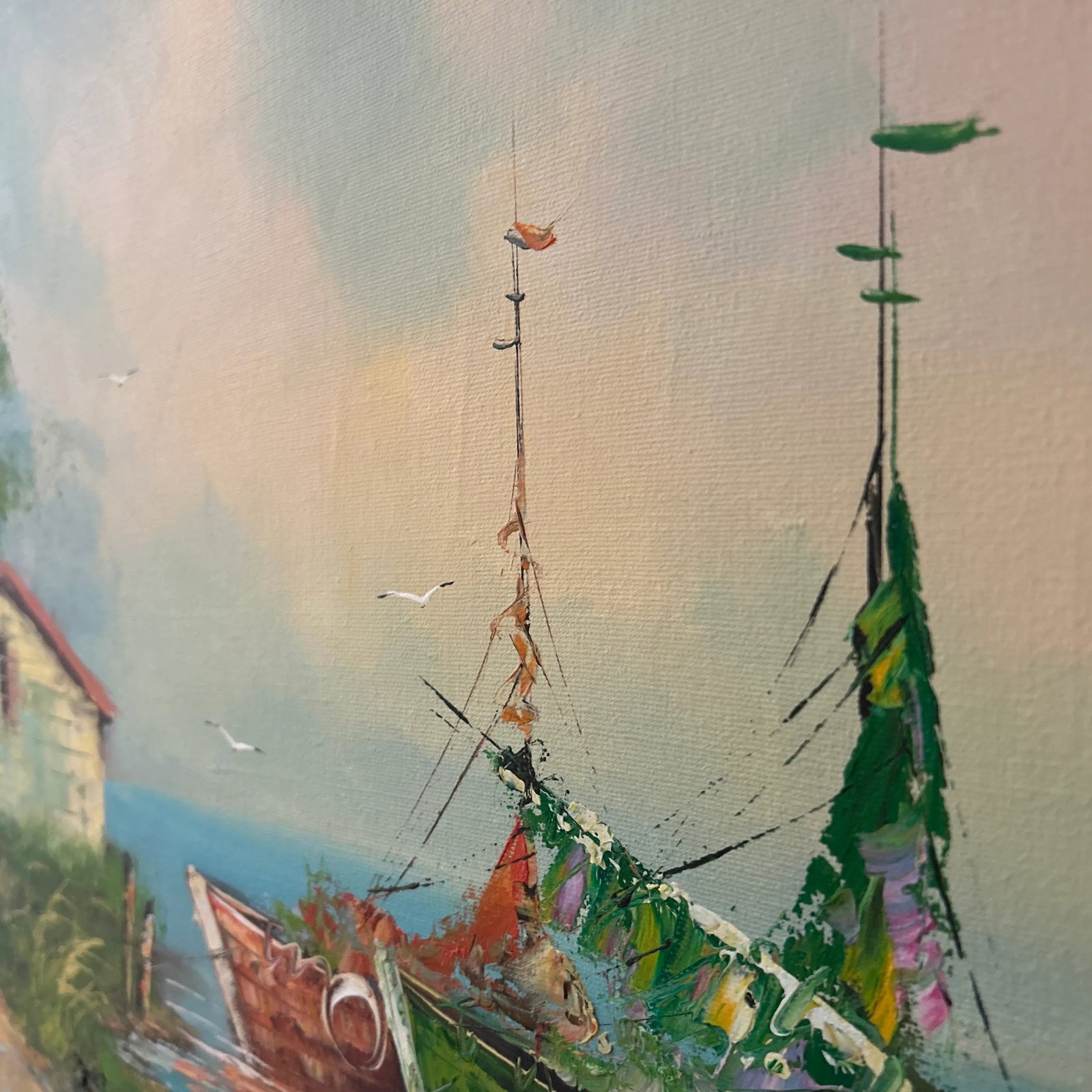 Vintage Oil Painting on Canvas Coastal Scene W/ Boats and House by C. Gibbs Framed - 7
