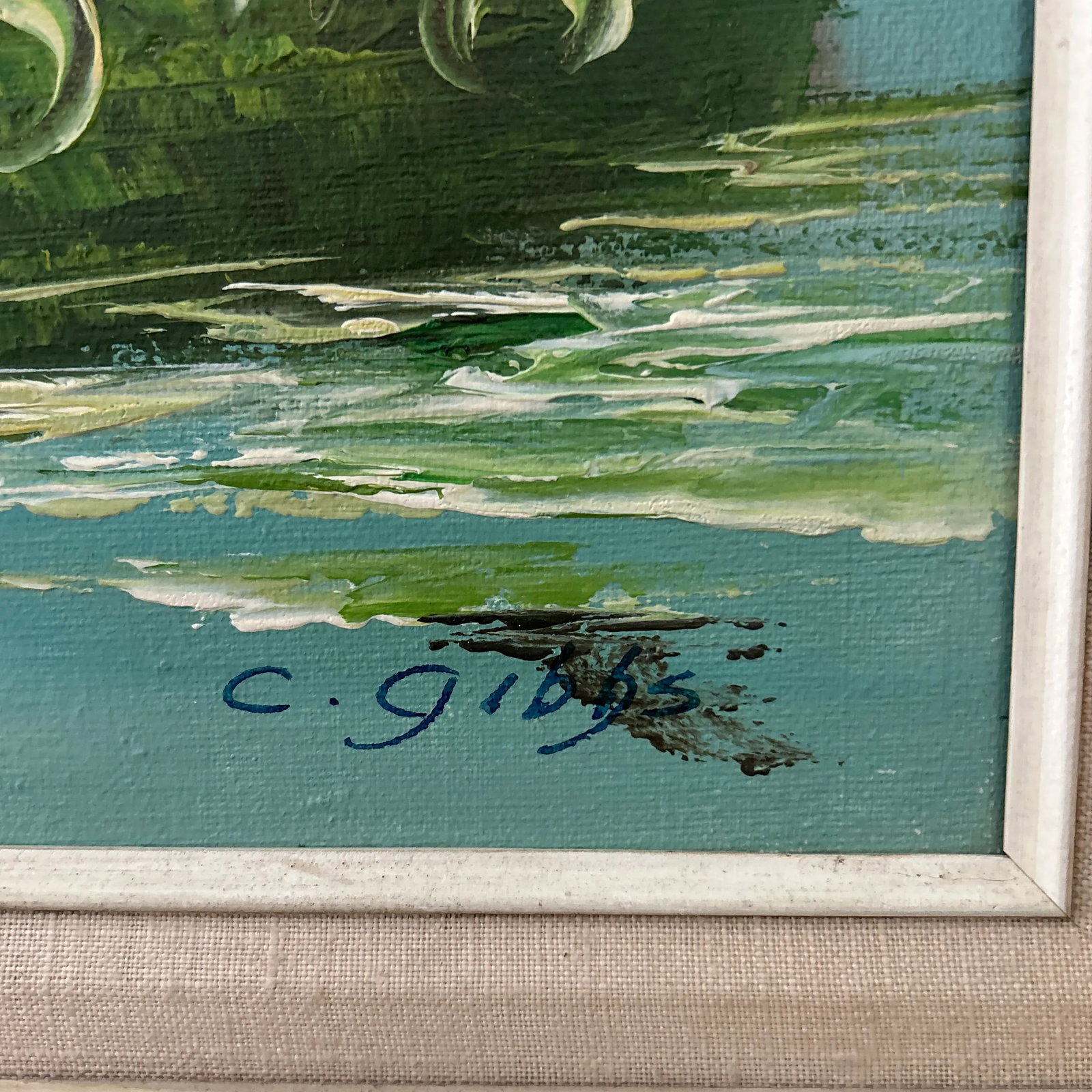 Vintage Oil Painting on Canvas Coastal Scene W/ Boats and House by C. Gibbs Framed - 8