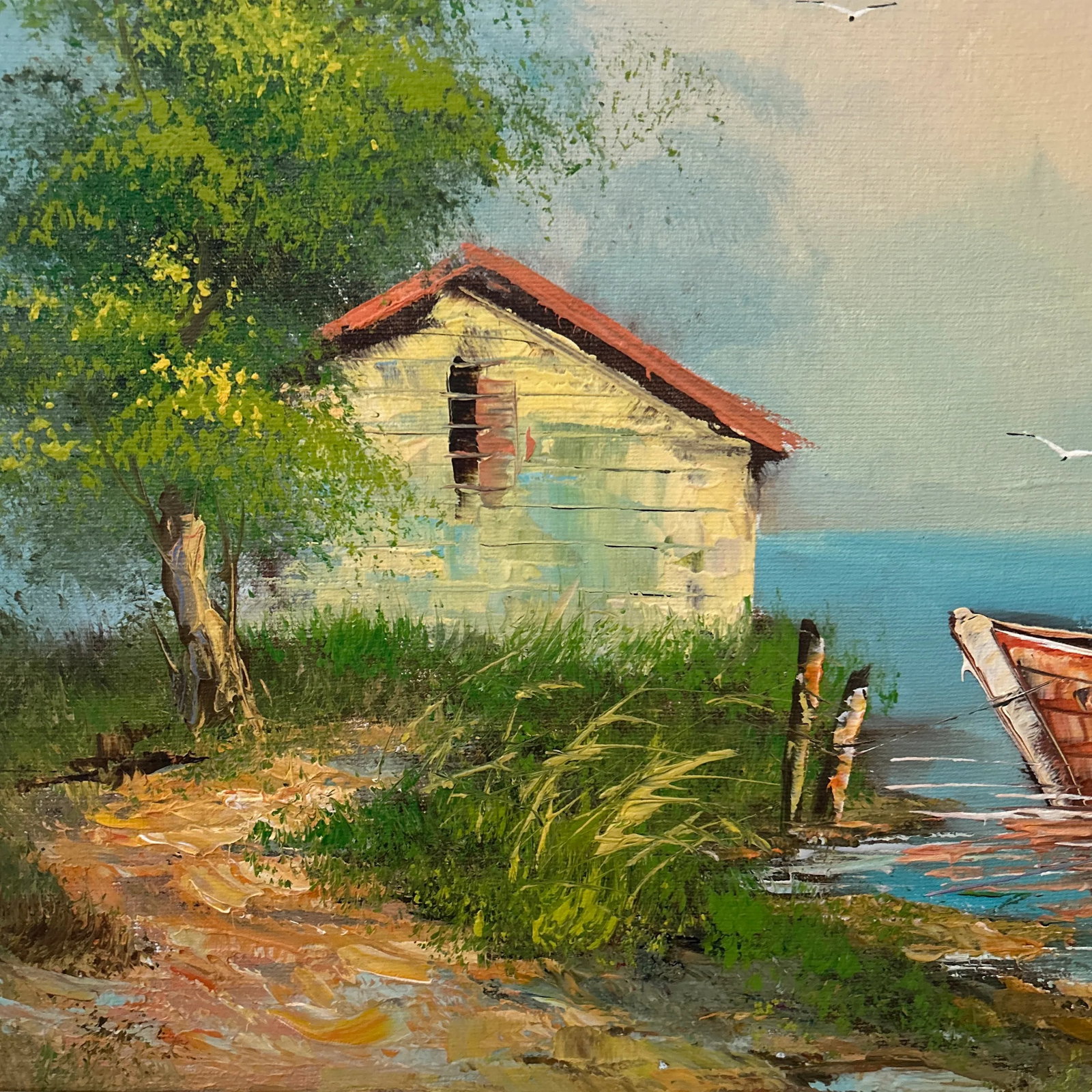 Vintage Oil Painting on Canvas Coastal Scene W/ Boats and House by C. Gibbs Framed - 9