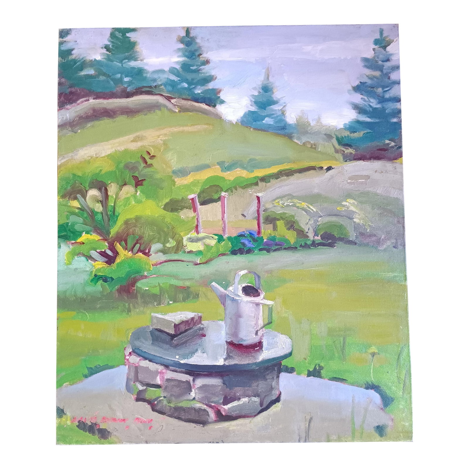 Watering Can on the Wishing Well Oil Painting: This original 1996 signed landscape oil painting was done on location by David Beynon Pena on an island in the Fox Islands Thorofare of Penobscot Bay, an hour off Rockland, ME. Perfect for a