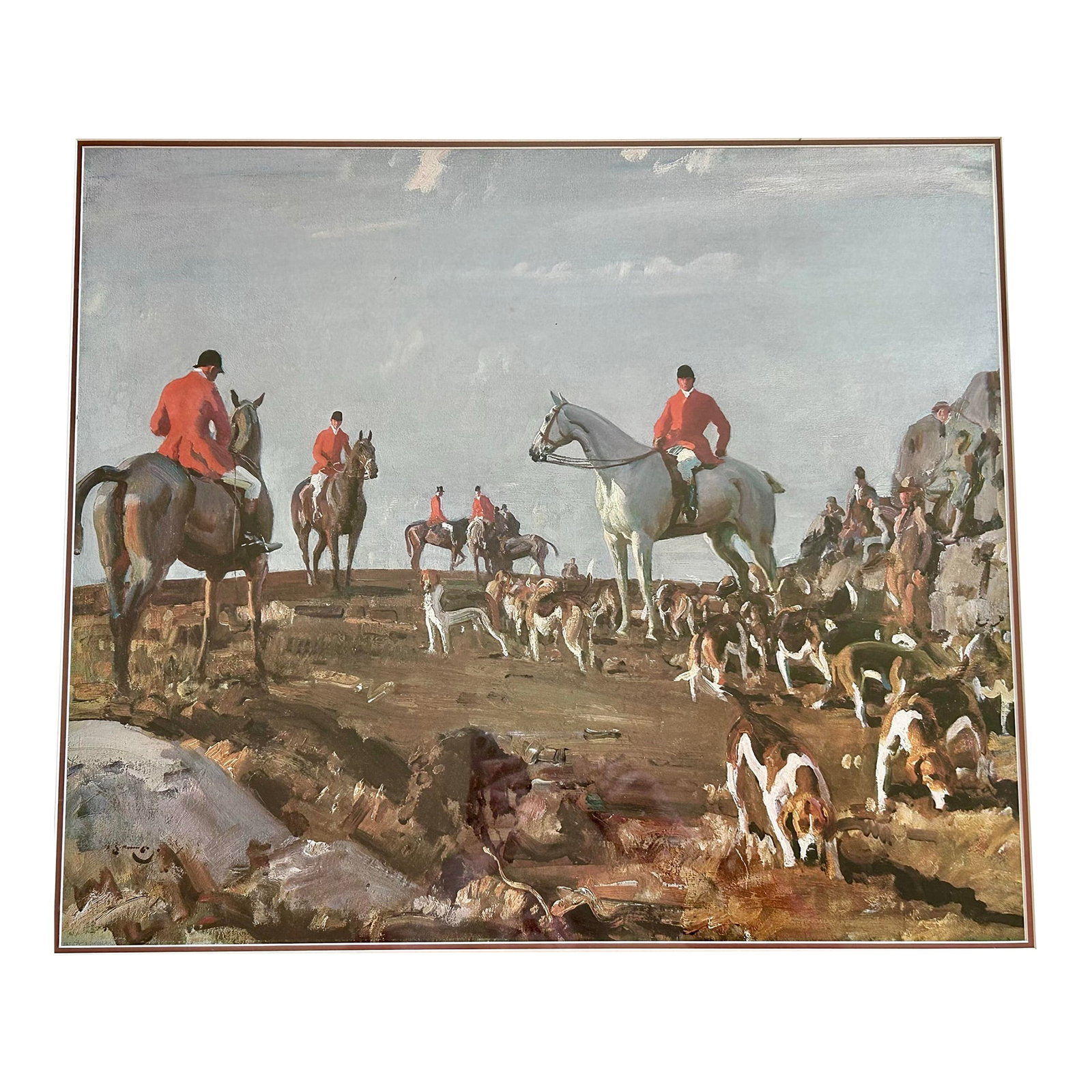 English Fox Hunting Scene Framed Art: English fox hunting scene print of an oil painting framed and ready to hang. Great accent to a library, study or any English decor. Condition: Alterations: Original Condition Unaltered Imperfections:
