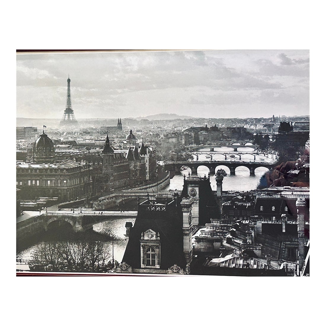 Large B & W Mid Century Photo of Paris: Missing the City of Lights? This photograph will bring you back to those lovely memories each time you look at it. This large black and white photograph is framed behind plexiglass. Image dimensions