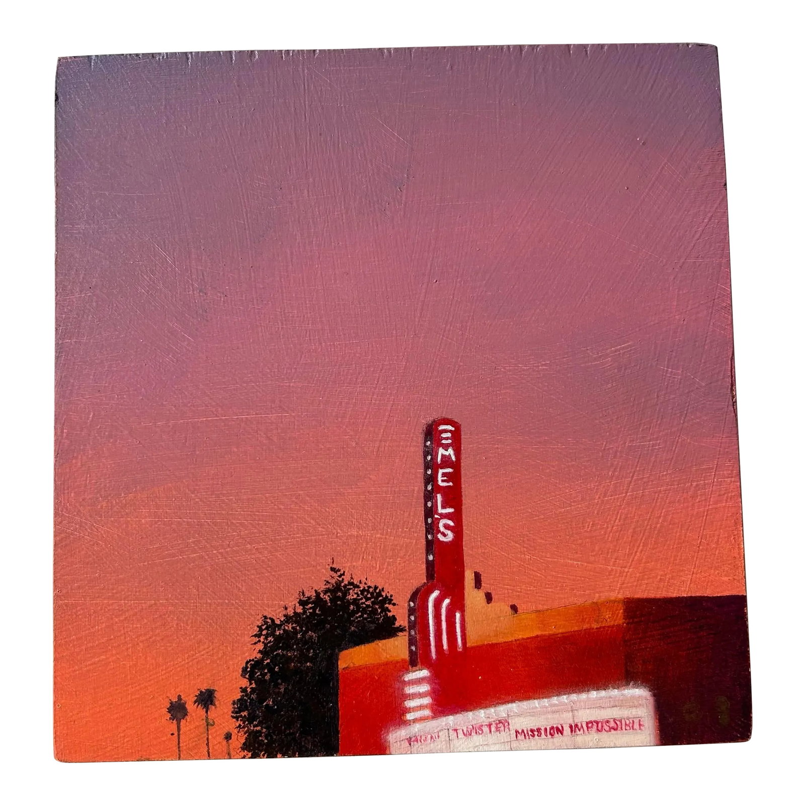 1990's Oil on Wood "Mel's" by Gerald Schwartz: Detailed and serene. Colorful landscape painting of old movie theater circa mid 1990's. Photorealist painter Gerald Schwartz is a contemporary American artist residing in Arizona. Painting is titled "