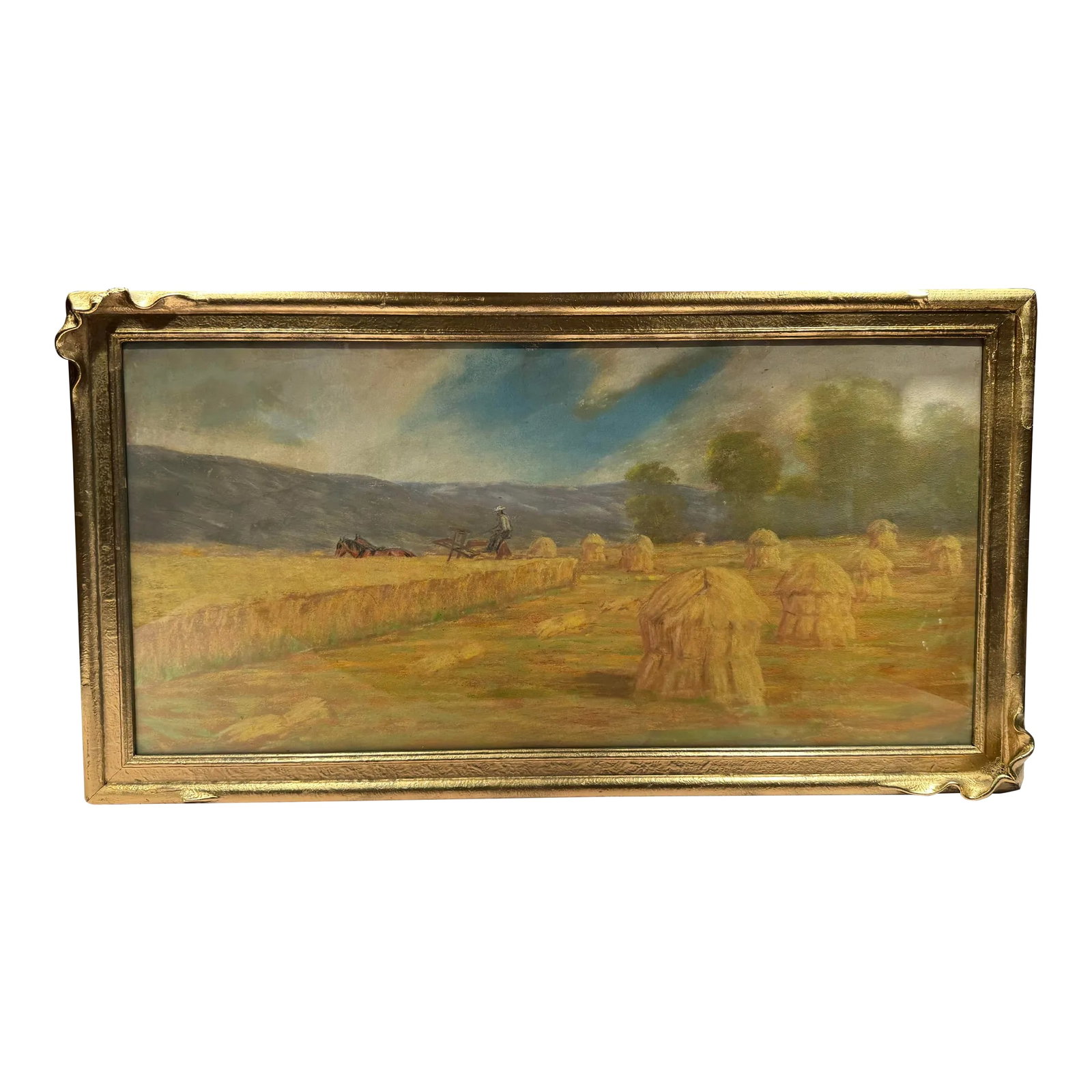 Antique Early 1900s American Pastel Agrarian Landscape Drawing: This listing is for an antique American pastel drawing. This drawing depicts a lovely agrarian landscape scene. A farmer can be seen harvesting hay in a field. Haystacks stand on the righthand side. T
