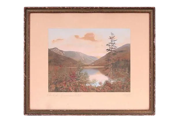 Echo Lake New Hampshire Hand Colored Photograph: Vintage hand-colored photograph of Echo Lake, Franconia Notch, New Hampshire. Signed "Sawyer." Displayed in the original wood frame under glass. Minor wear, scratches. Condition: Alterations: