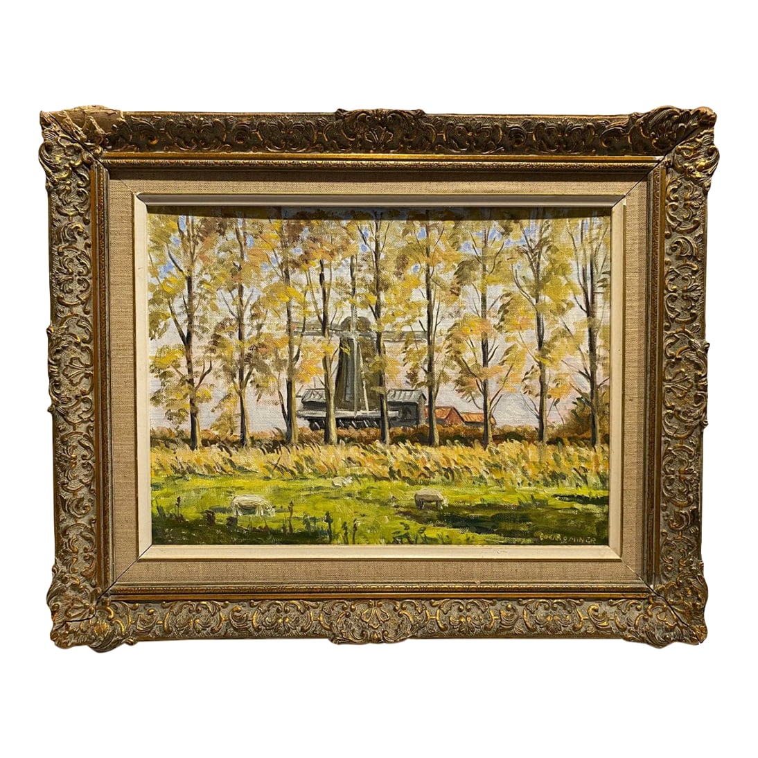 1950s Edgar Miner European Impressionist Landscape Oil Painting: 1950s Edgar Otis Miner (1915-2003) Dutch windmill landscape, oil on canvas board, signed lower right. Giltwood frame with linen liner size: 18 x 22 inches Canvas board: 12 x 16 inches Condition: Alter