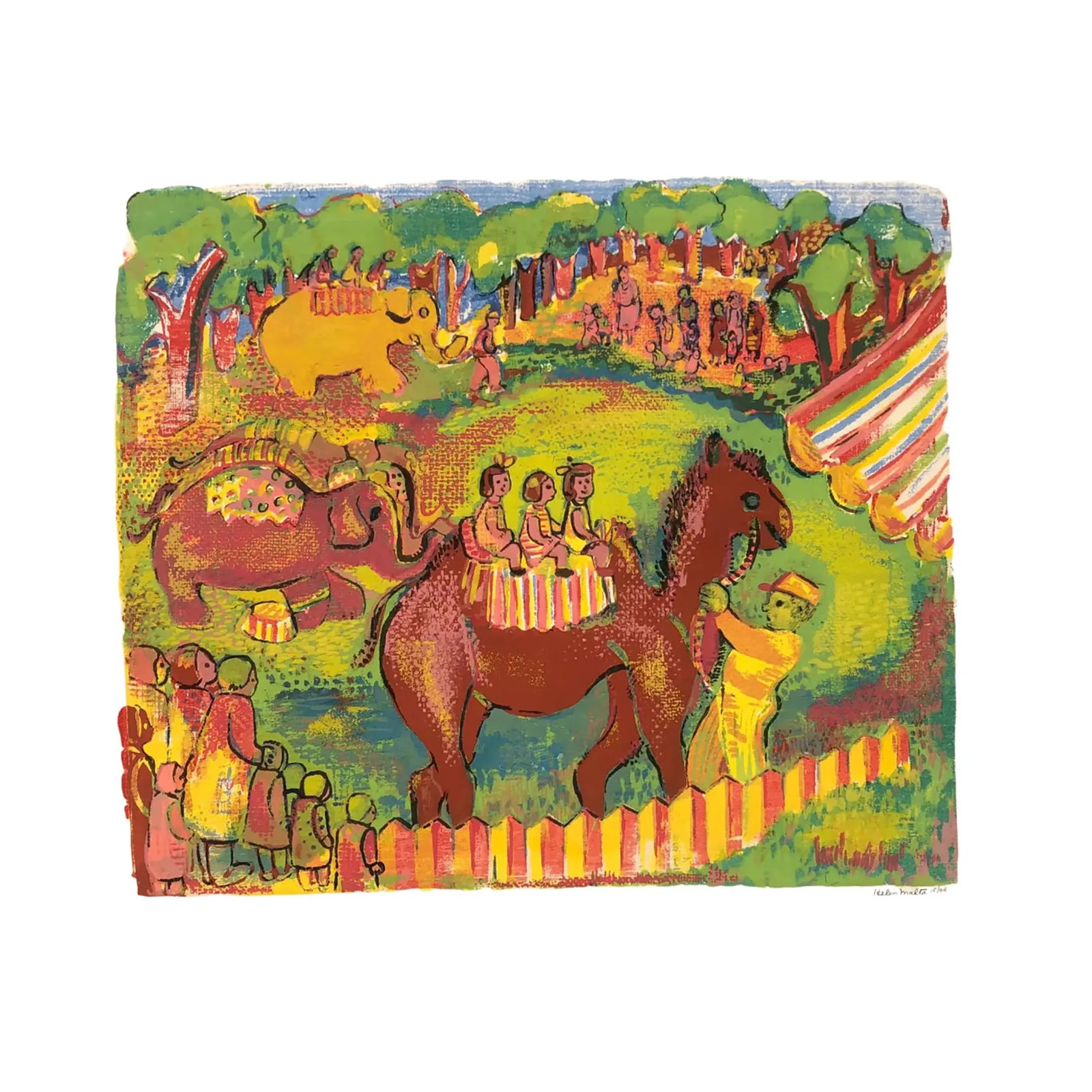 1930s Helen Malta Circus Serigraph: 1930s traveling circus serigraph. Signed and numbered from an edition of 44. This is probably Central Park in NYC but she also worked in Baltimore. Helen Wagner Malta (1912-1975) worked in New York