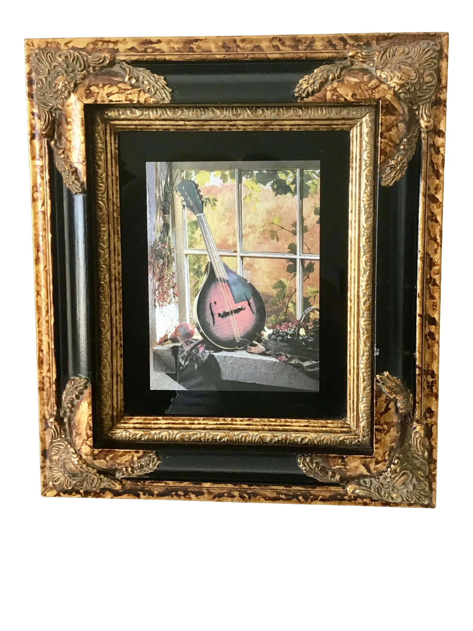 Custom Framed Mandolin Artwork: Mandolin musical instrument in the window custom framed artwork. Framed and mounted in a black with gold Vintage detailing. Condition: Alterations: Original Condition Unaltered Imperfections: Some