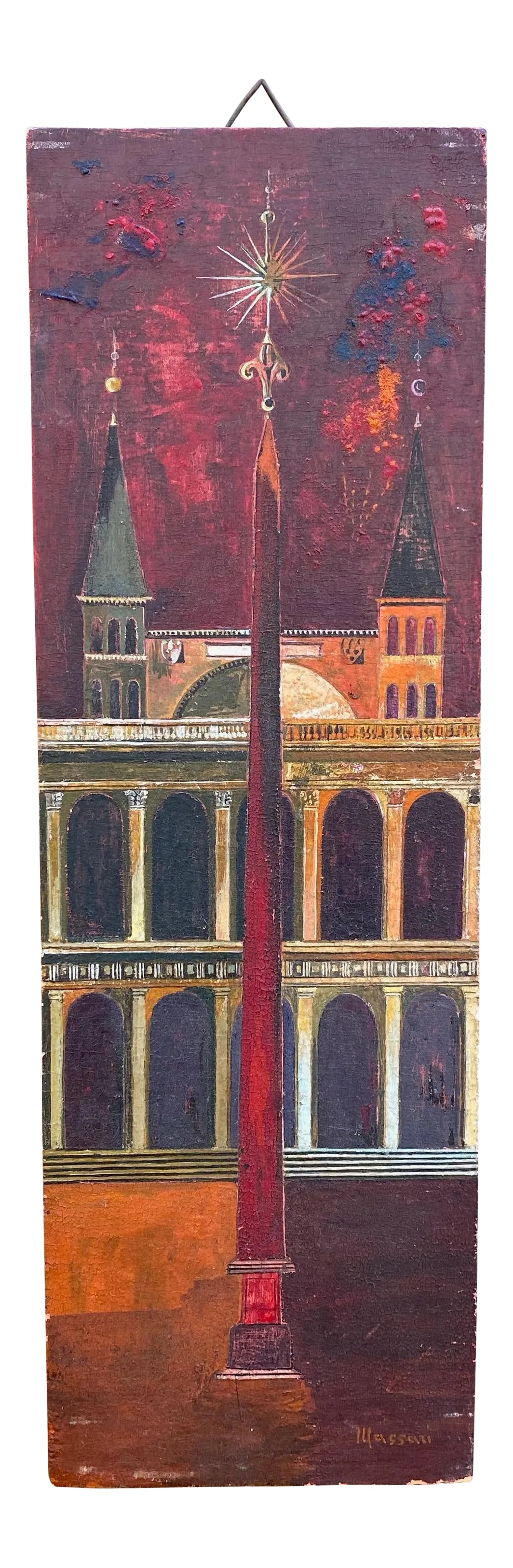 1960s Modernist Italian Renaissance Style Architectural Painting: Signed Massari lower right. Oil paint on wood panel. Modernist 1960s architectural rendering of Renaissance structures; the campanile (bell towers), Greco- Roman arched facade and the fleur d'lis