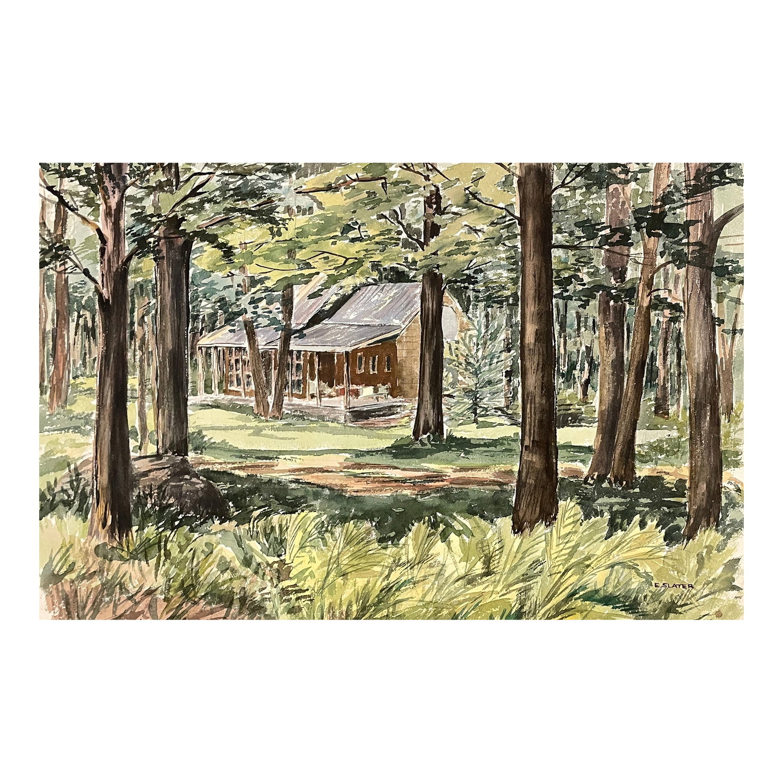 Elizabeth Slater Forest Landscape Painting: Forest landscape with cabin watercolor by Rhode Island artist Elizabeth Slater Anthony (1919-1995). Signed lower right, estate stamp on back. She graduated with a degree in graphic art from the Rhode 