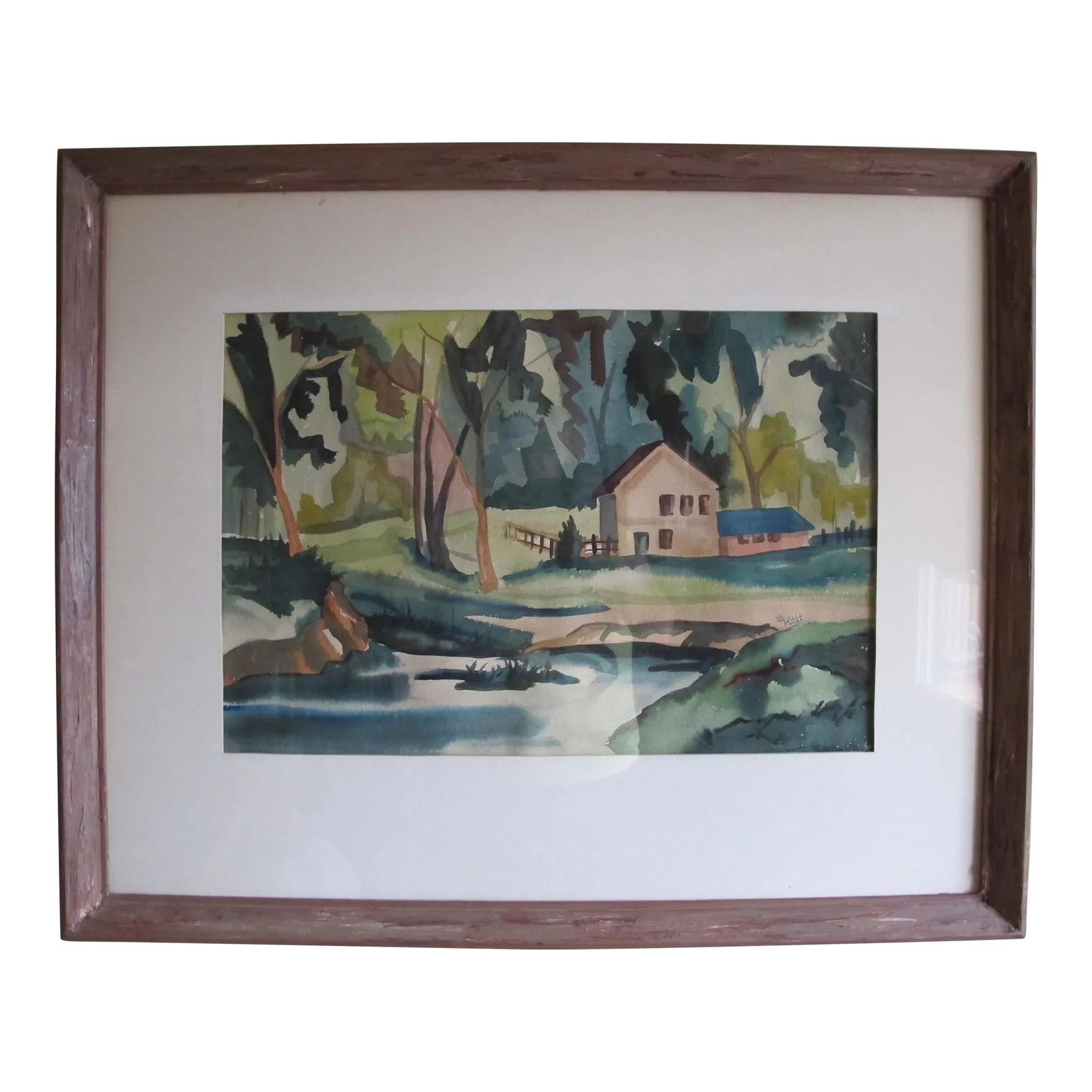1962 Framed Abstract Signed Landscape Watercolor Signed: Nice painting from 1962 depicting a farm along the river. I love the deep dark and moody green hues in this watercolor. Complete with matte and rustic frame. Condition: Alterations: Original Condition