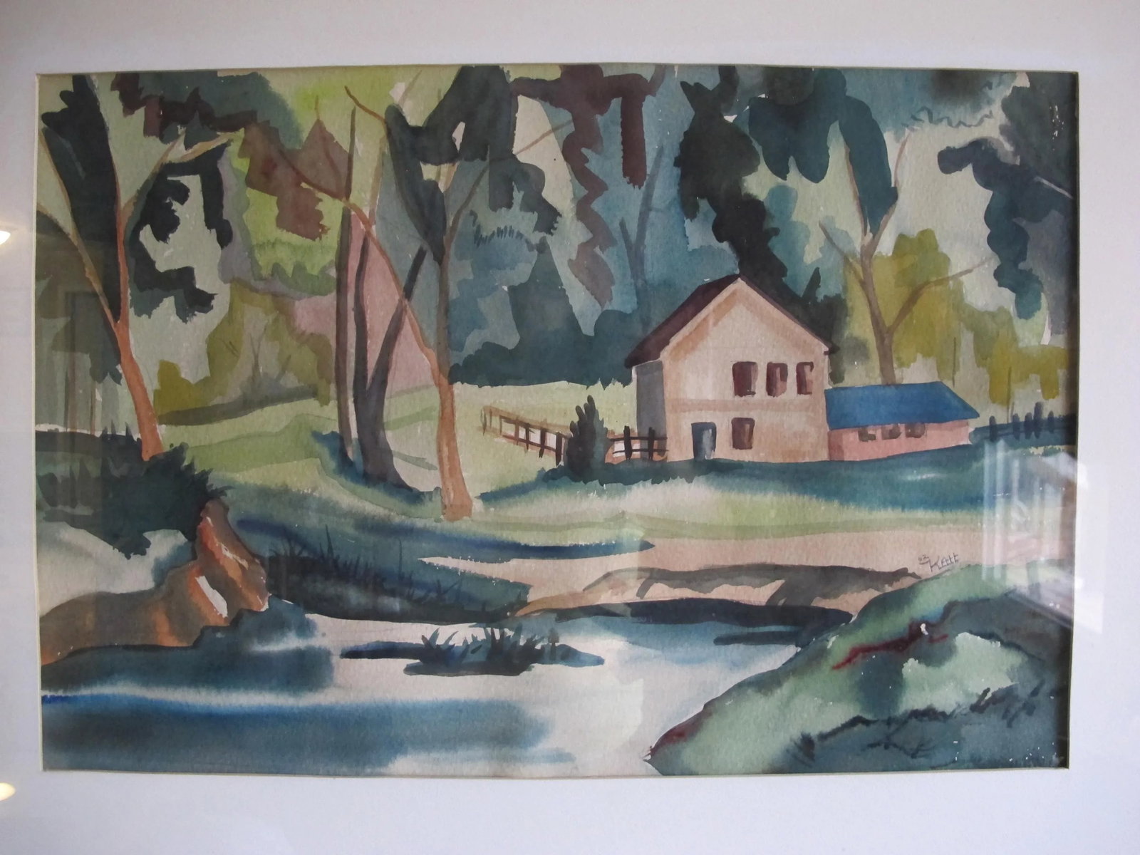 1962 Framed Abstract Signed Landscape Watercolor Signed - 2