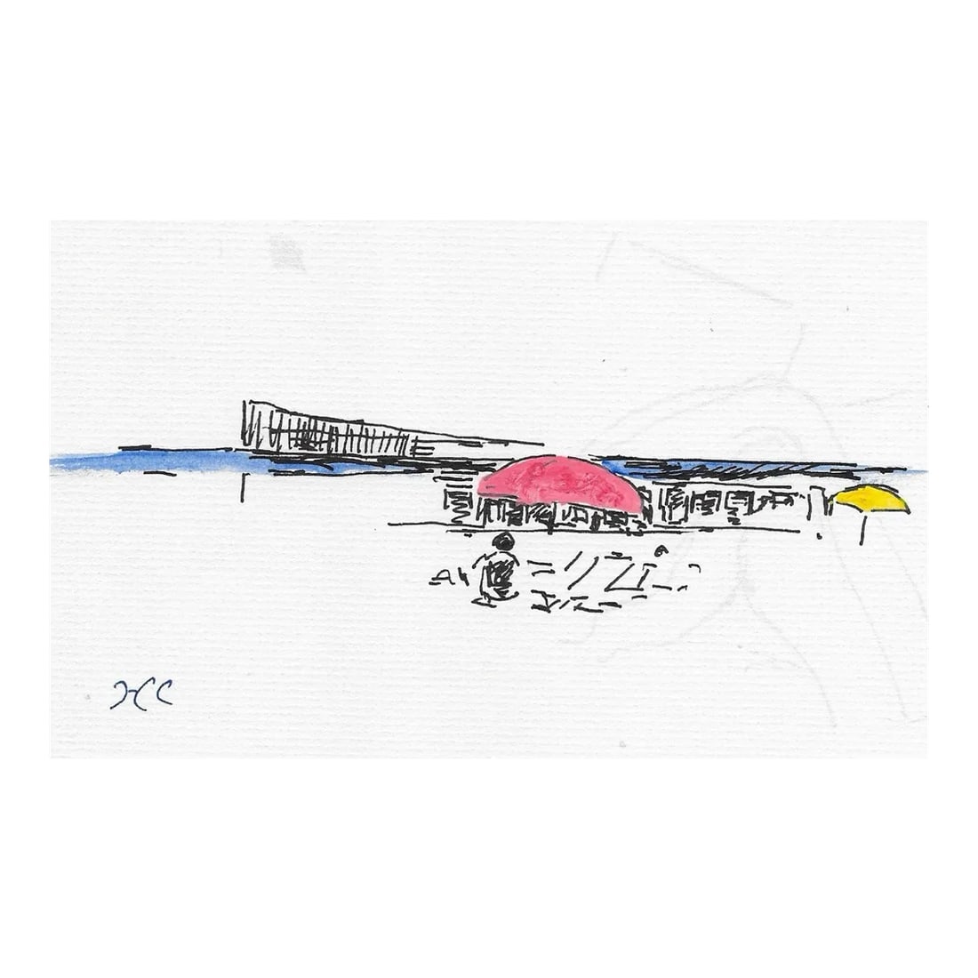 1980s Heard Cirker Beach Watercolor: From the estate of Hayward Cirker (1917-2000) founder of Dover Publications. Cirker sketched frequently during his travels and weekend vacations, especially in the Caribbean. Initialed lower left, ink