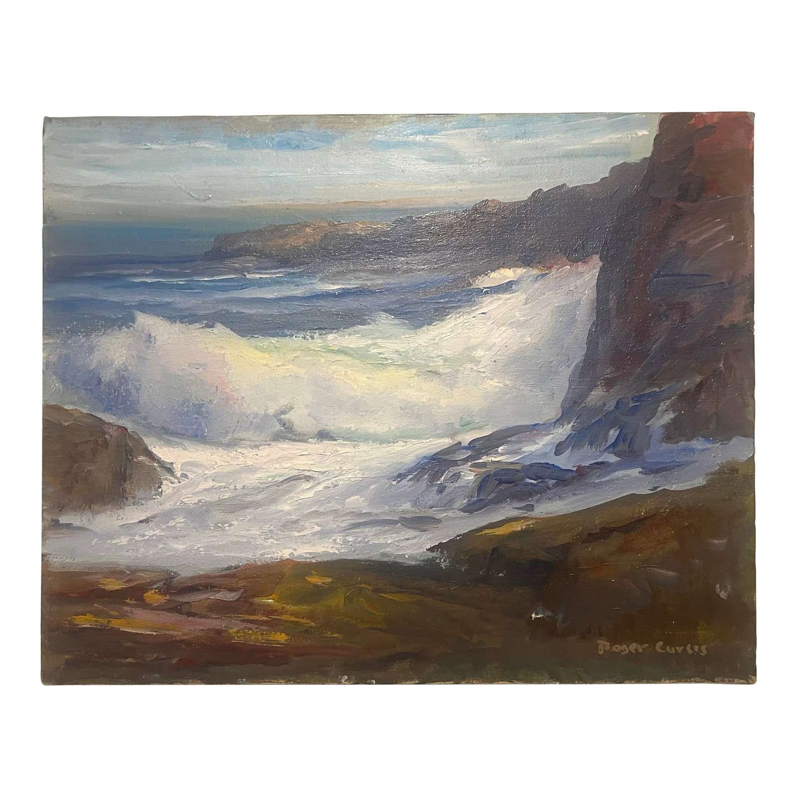 Roger Curtis (1910-2000), Vintage Abstract Coastal Oceanscape, Amazing Blue Hues, Signed: Roger Curtis (1910-2000), Vintage Abstract Coastal Oceanscape, Amazing Blue Hues, Painted On Stretched Canvas, Signed Condition: Alterations: Original Condition Unaltered Imperfections: Some