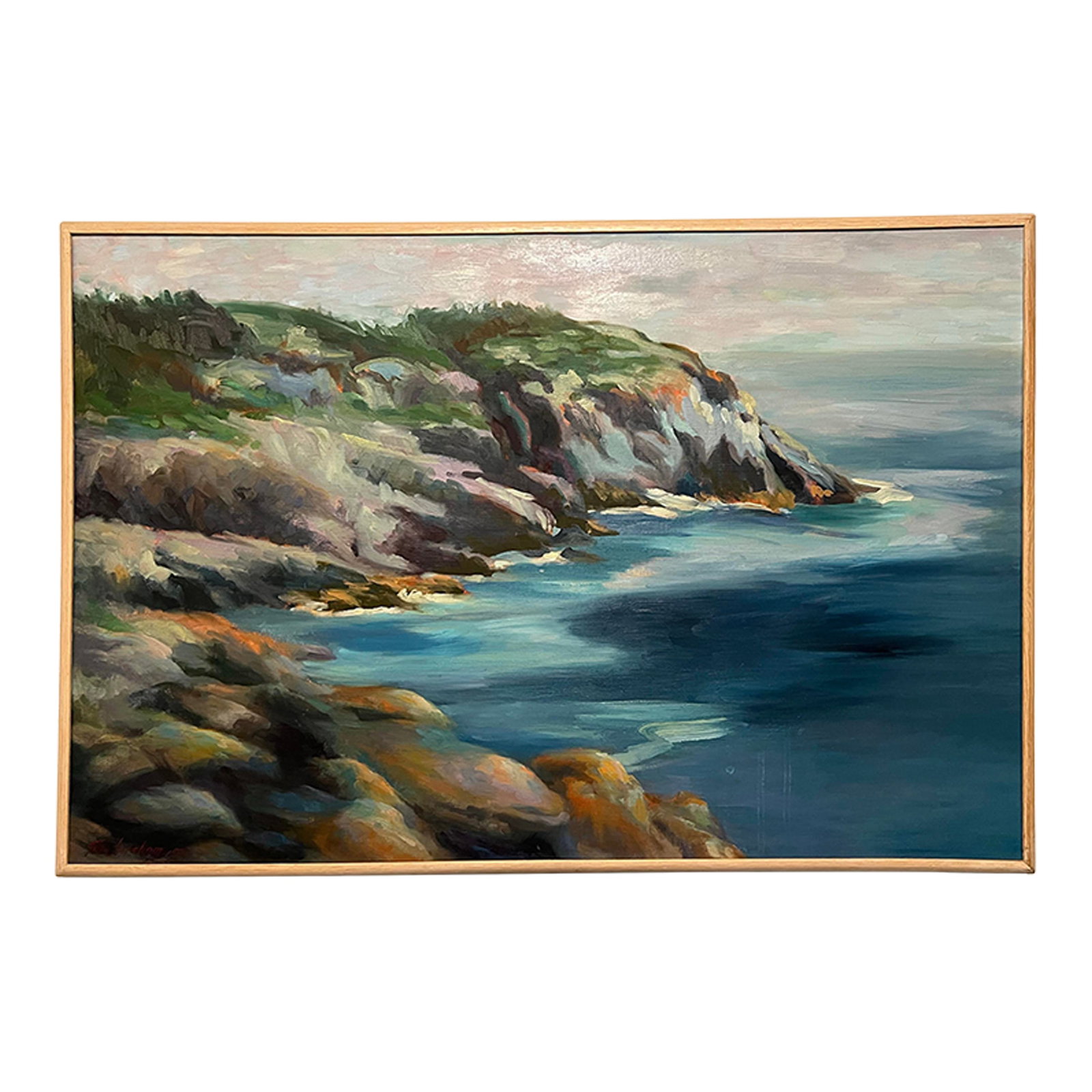 Tina Ingraham (1947-), Large Postmodern Vivid Colored Maine Landscape Seascape, Monhegan Island, Sig: Tina Ingraham (1947-), Large Postmodern Vivid Colored Landscape Seascape, Painted Oil On Stretched Canvas En Plein Air, Beautiful Blue Sea and Sky, Signed, Dated 1987/9, Tina Earned a BS in Design