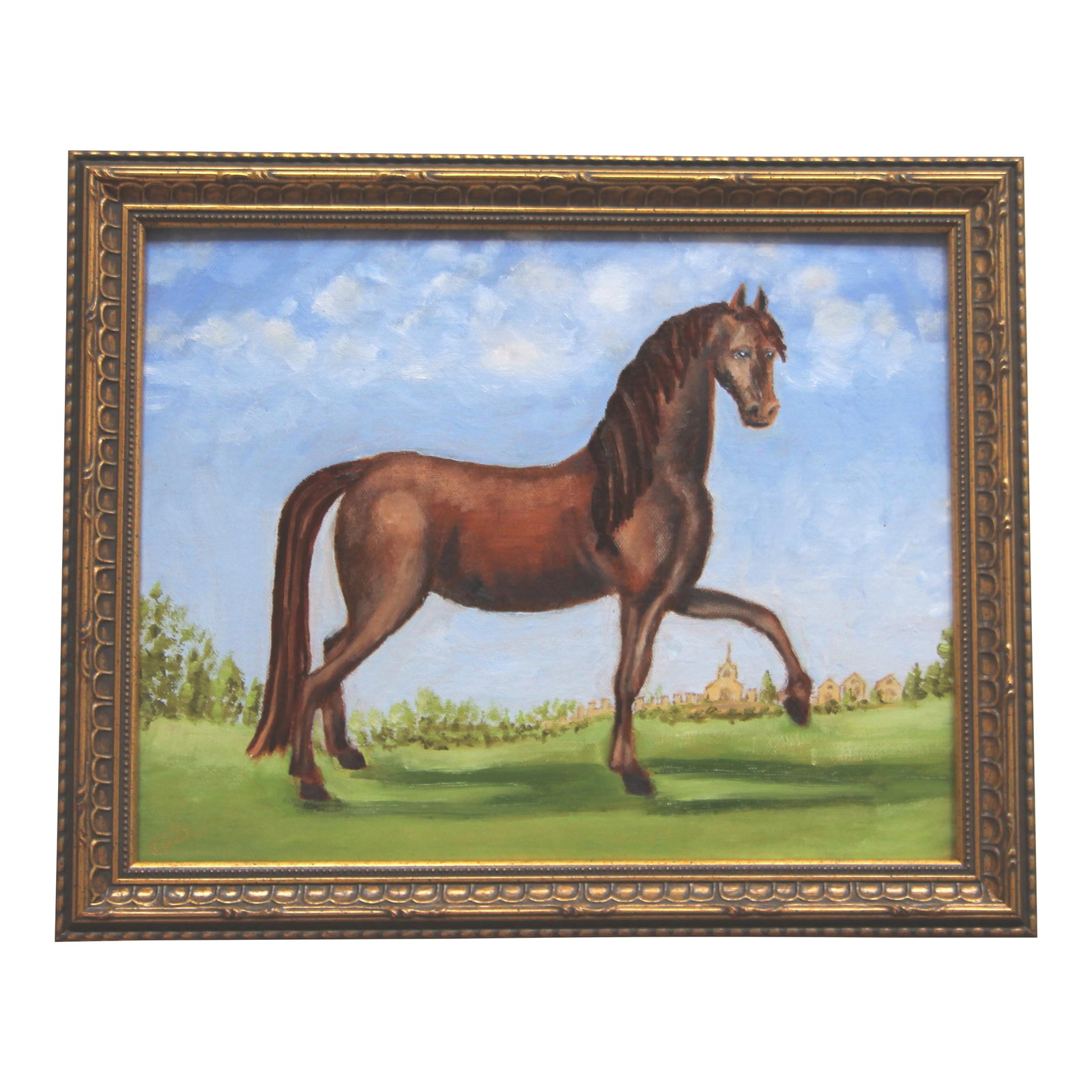 Horse With Landscape English Traditional Folk Art, Realism Brown, Blue, Green Original Oil Painting: An elegant chestnut horse, this equine figure is set in an open field landscape with a mountainous background with architecture and trees in the distance. Realism , Folk Art, English Traditional. Fram