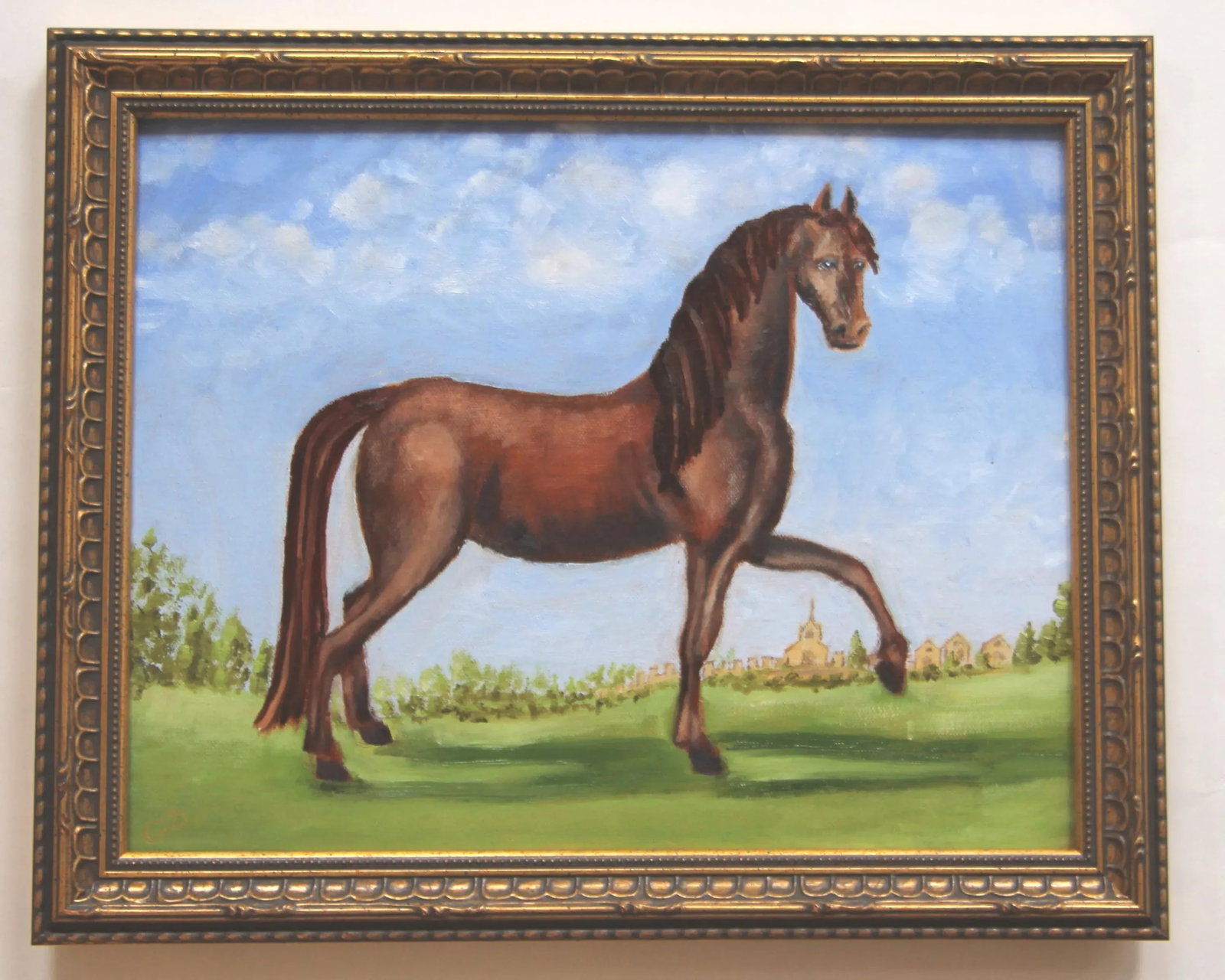 Horse With Landscape English Traditional Folk Art, Realism Brown, Blue, Green Original Oil Painting - 2
