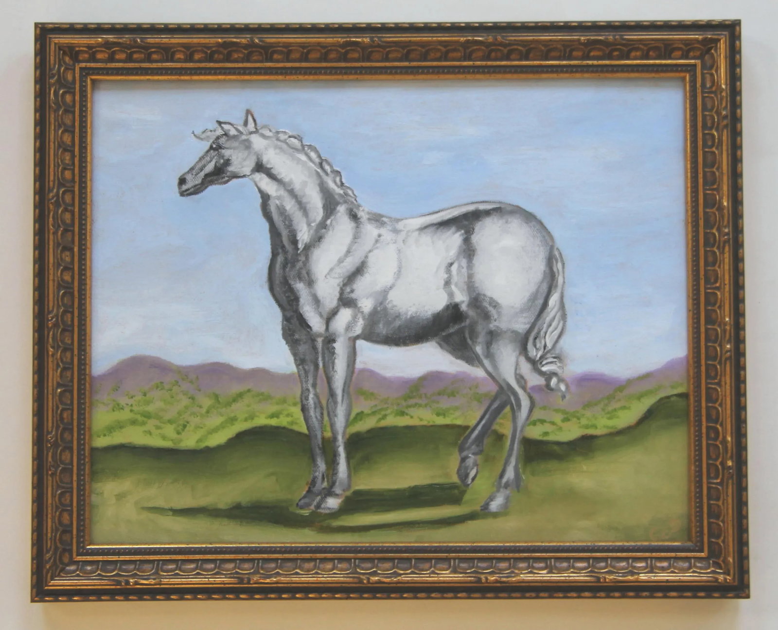 Horse With Landscape English Traditional Folk Art, Realism Brown, Blue, Green Original Oil Painting - 3