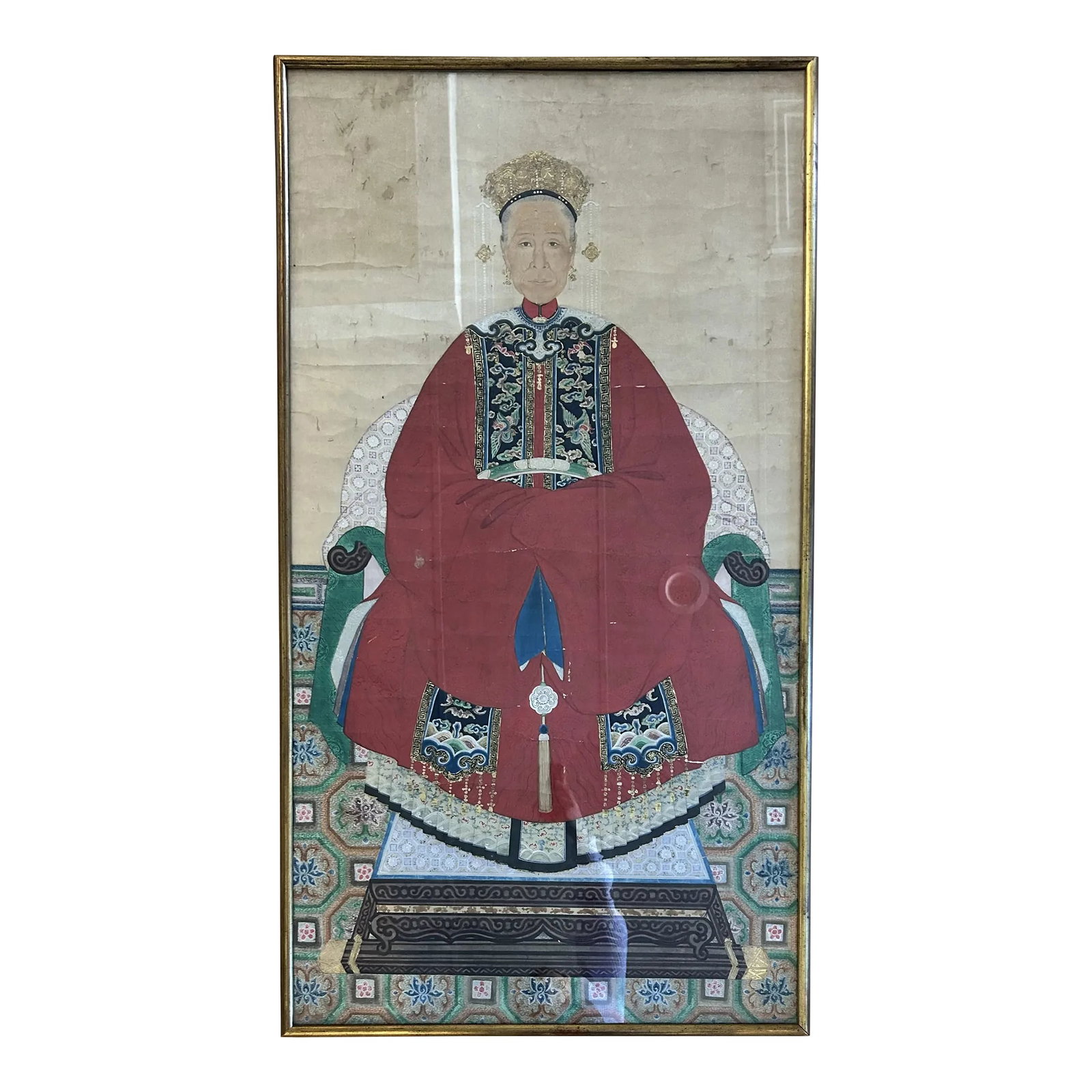 Large Chinese Ancestor Portrait, Watercolor on Silk: Large Framed in glass and gold frame, Chinese Ancestor Portrait, Watercolor on Silk. Estimate late 19th century. In wonderful condition. Measures: 52" h x 3" d x 29" w Style: Chinoiserie, Vintage,