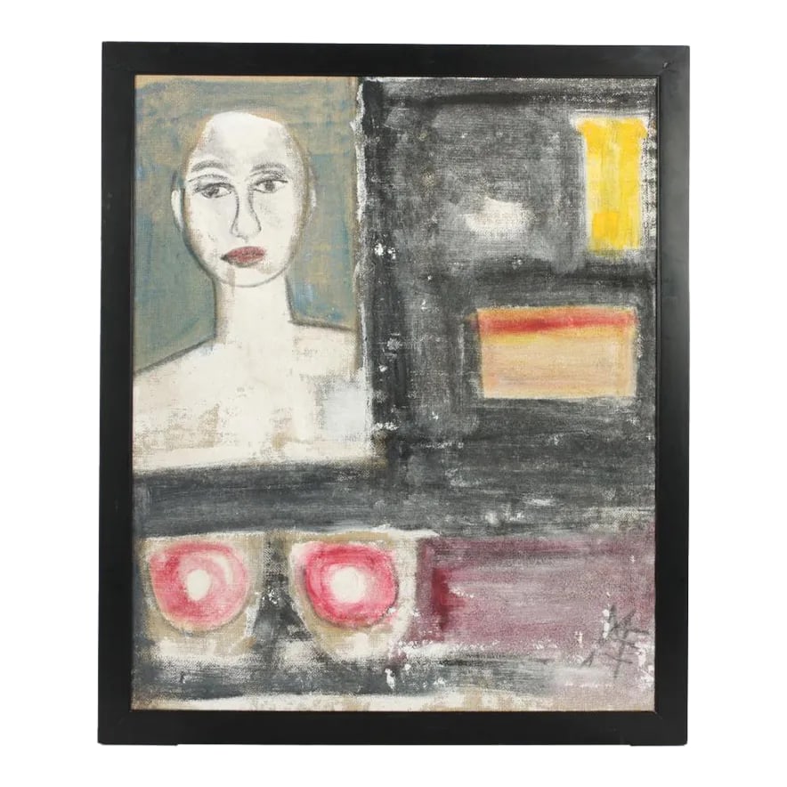 Mae Alice Engron (American 1933-2007) Abstract Portrait, Oil on Burlap, Framed: Mae Alice Engron, Indiana (1933-2007), Abstract Portrait, Oil on Burlap Mae Engron's work embodies architectural elements, human figures, and abstract motifs. The artist is quoted as saying: "I paint 