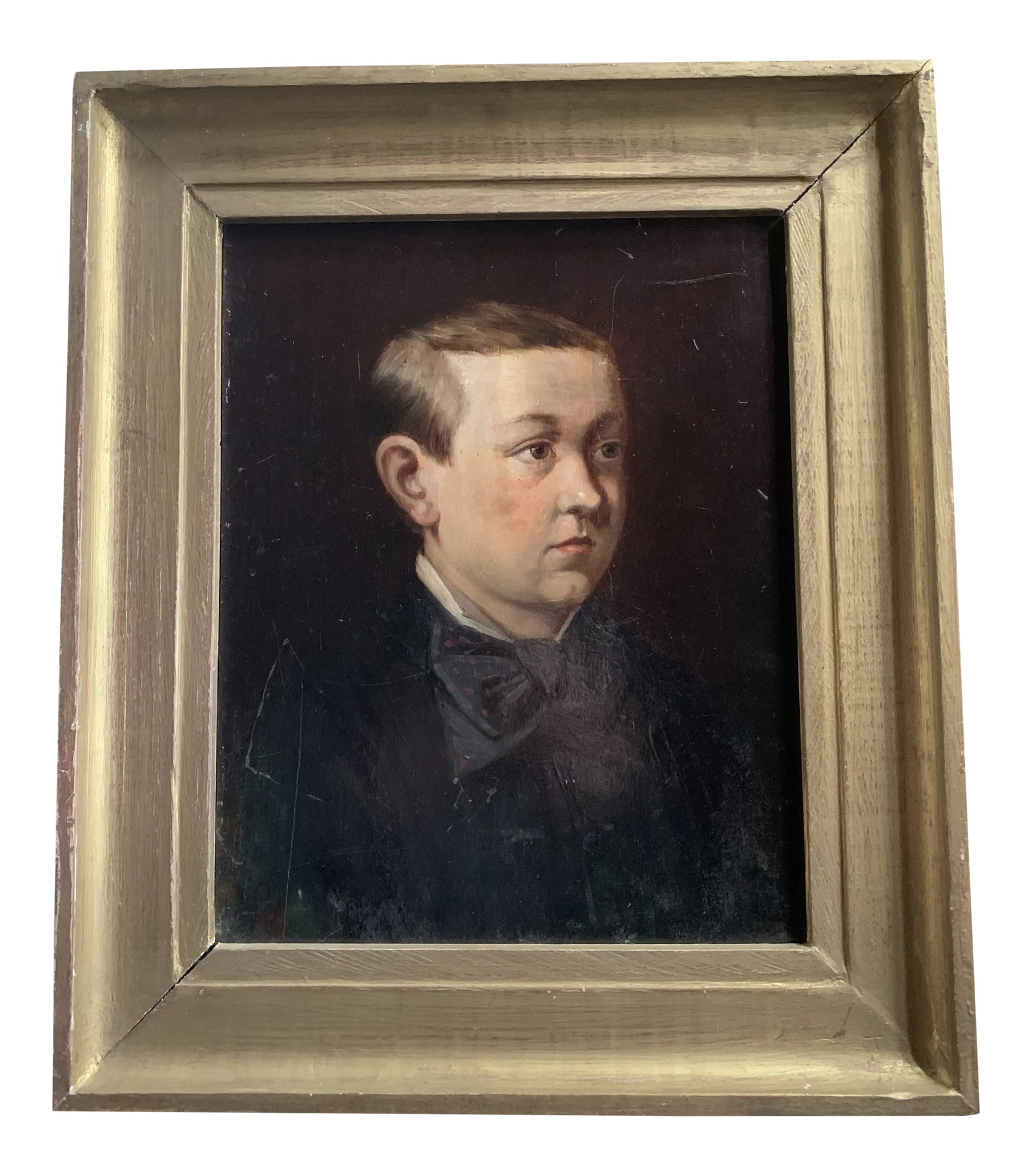 19th C. Oil on Wood Portrait: 19thC English framed oil on wood portrait of a boy. Wonderful clair obscur with red polka dot ascot! A great addition to any room! Purchased at the Paris flea market. Condition: Alterations: Original 
