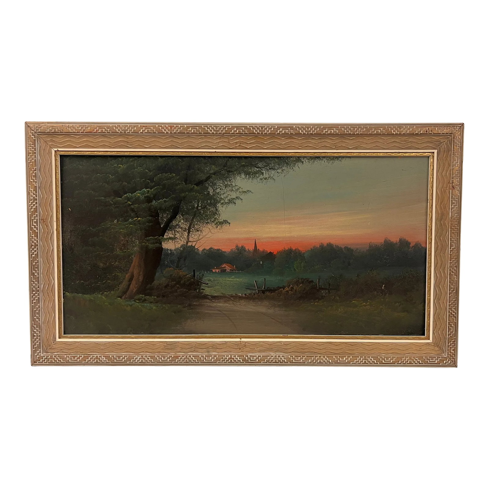 1970s Vintage Mid Century Modern Traditional Style Oil Painting of Serene Landscape: The oil painting depicts a serene landscape, likely at sunset, characterized by soft, blended colors that create a tranquil atmosphere. The foreground features a winding path that invites the viewer