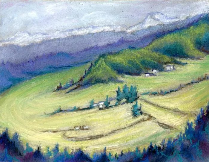 Original Pastel Landscape Painting, the Valley by Kathleen Ney: Perfect for a shelf or nook in a home office, library or anywhere you want to add some interest to your decor. Plein air landscape pastel sketch drawn from a bluff above the fields of a bucolic Pacifi