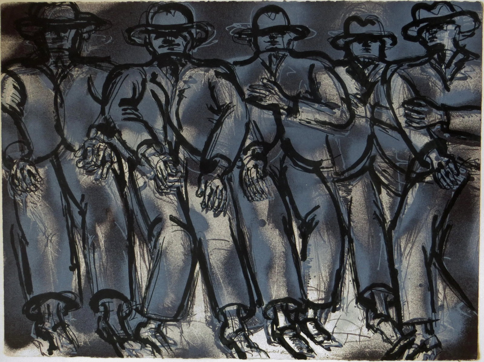 Lester Johnson Frontal Street Scene Lithograph: This lithograph is immediately identifiable as the work of Lester Johnson (1919-2010) . The print is titled "Frontal Street Scene." It was published in 1970 by Collector's Press. The print is signed