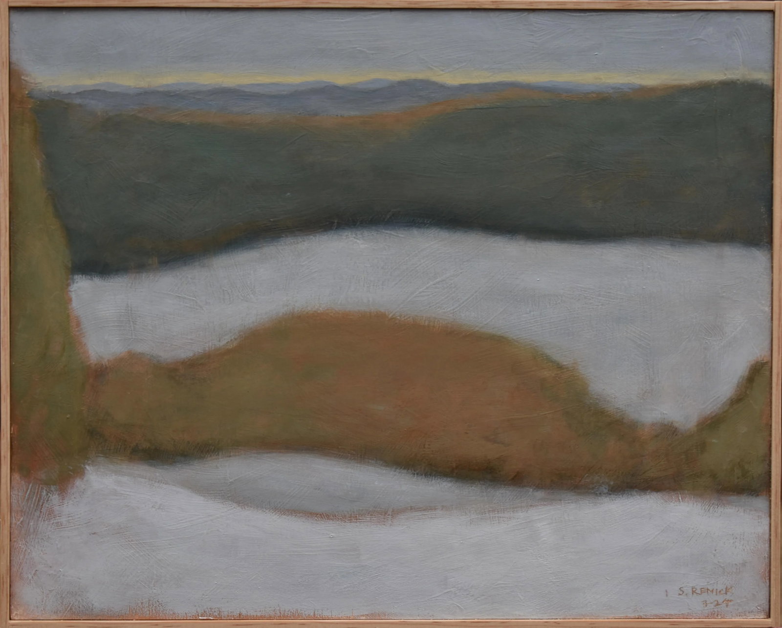 Vermont Memory, Contemporary Acrylic Painting by Stephen Remick: A remembered or accumulated view from the past where I grew up. A quiet, overcast winter day from childhood. Shapes moving in and around each other creating the space I remembered. This is