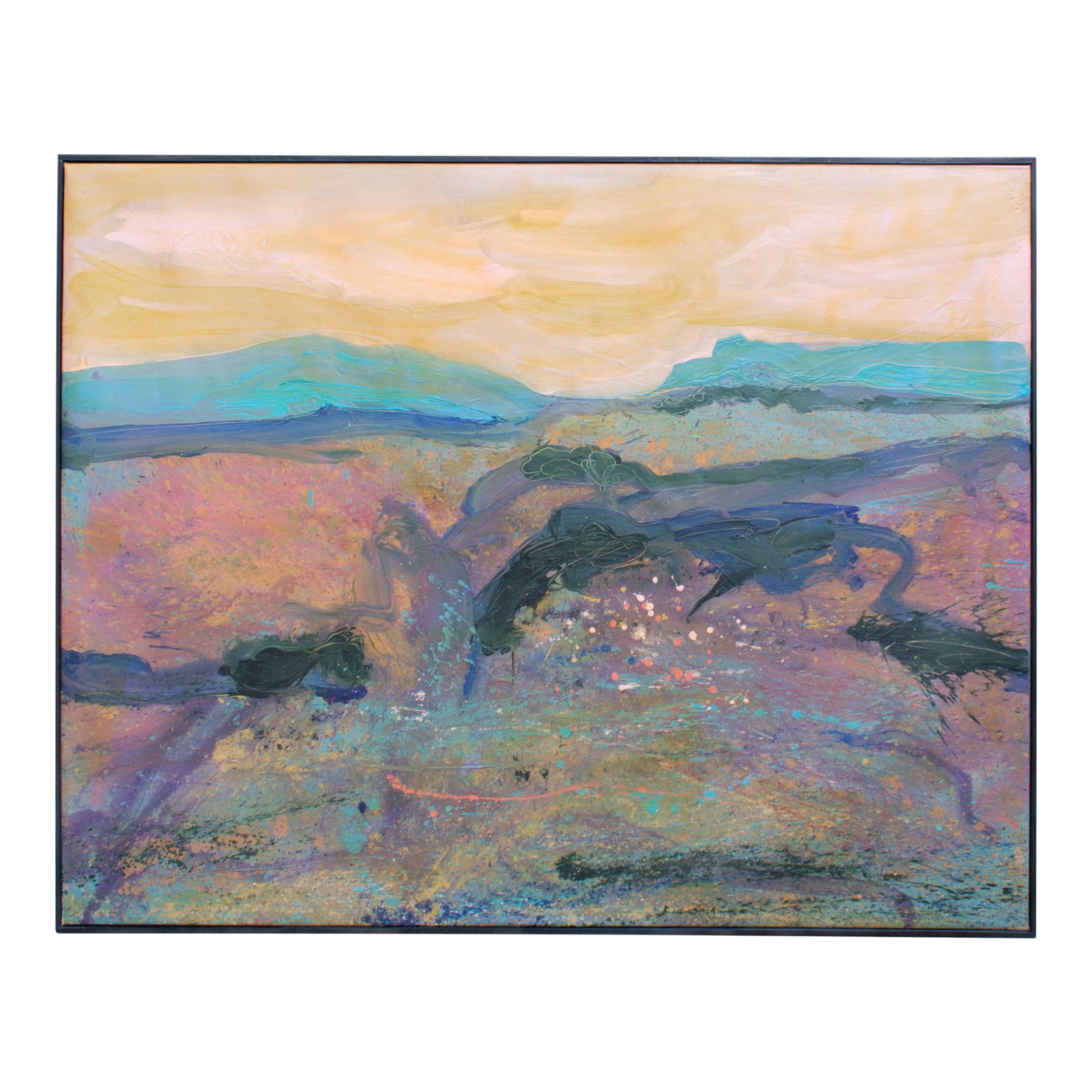 1980s Acrylic on Canvas Landscape Painting by Harry Hilson: A 1980s acrylic on canvas landscape painting by the American artist Harry Hilson (1935-2004). Signed to the lower right, this dynamic work is dominated by the color orange with distant mountains in bl