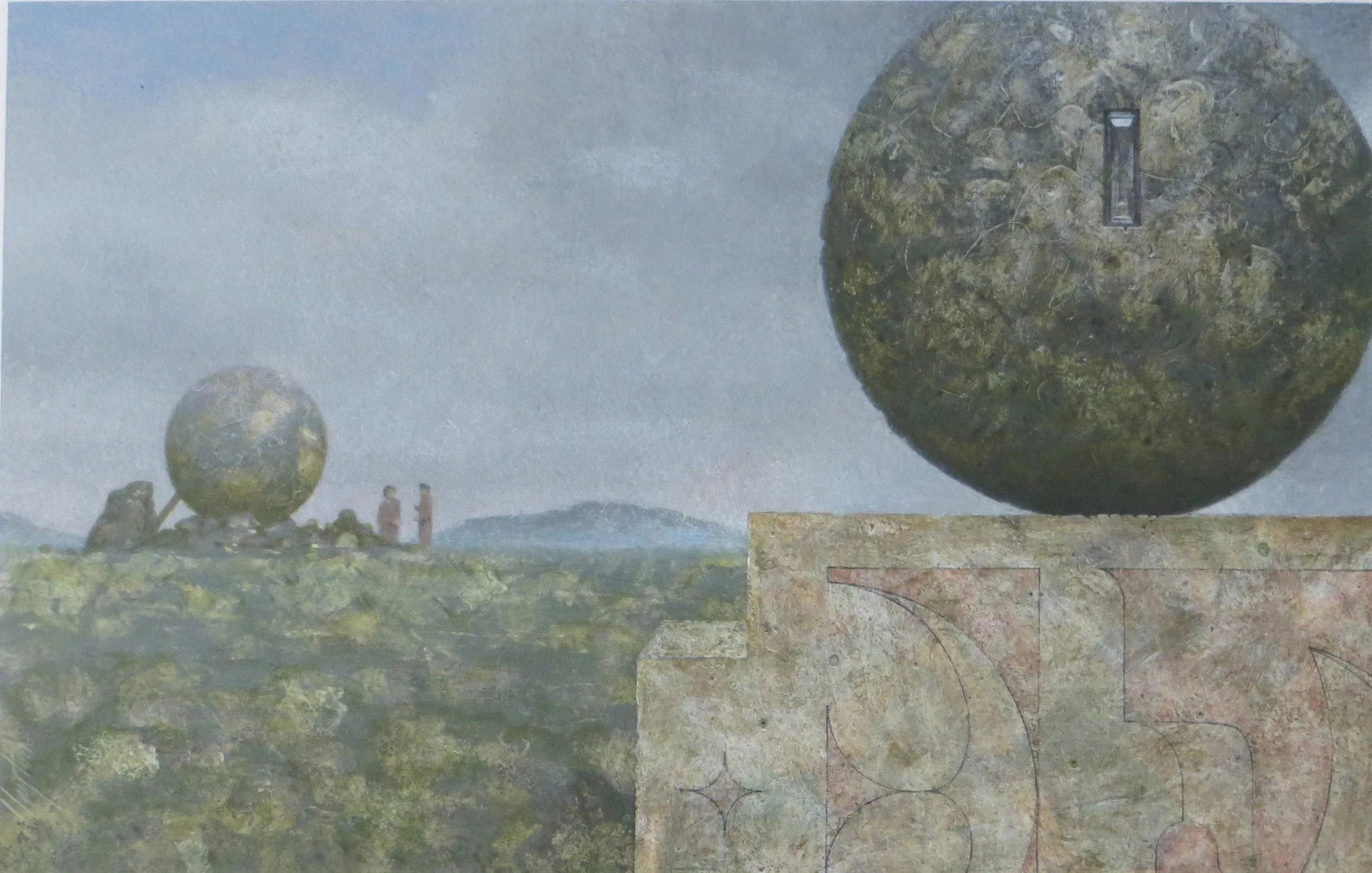 1980s Clayton Anderson Surrealist Painting, Landscape With Two Spheres: Artist: Clayton Anderson - American (1943- ) Title: Landscape With Two Spheres Year: 1989 Medium: Liquitex with Polymer on 300lbs Arches Sight size: 10.5 x 16.5 inches. Sheet size: 19.5 x 25.5 inches