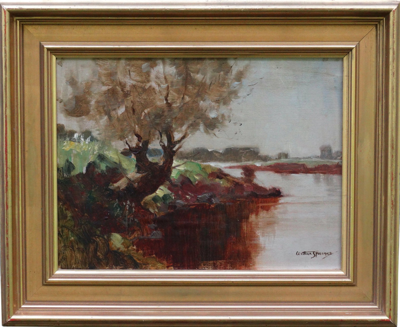 Impressionism Oil Painting Arthur Spooner (1873-1962) Hammer Prices to $250,000: An Impressionism landscape with river oil painting by listed British artist Arthur Spooner NSA (1873-1962). The work depicts a windswept tree anchoring rocky headlands in an English landscape.
