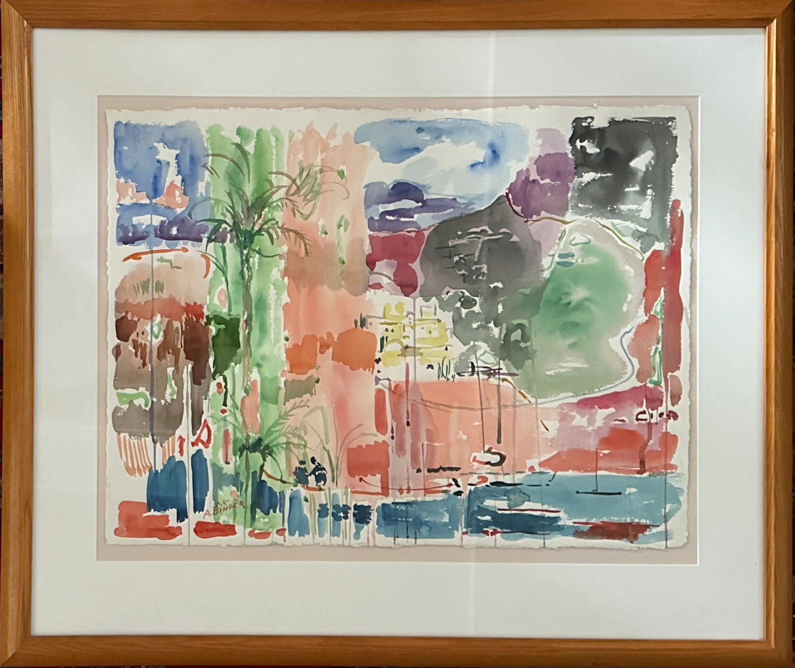 Large Vintage Watercolor Painting by Avraham Binder, Coastal, Colorful Sea Side Bustling Leisure Har (1 of 8)