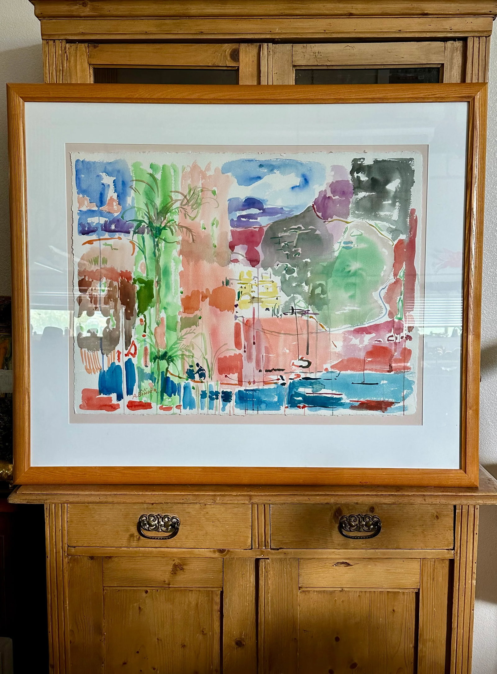 Large Vintage Watercolor Painting by Avraham Binder, Coastal, Colorful Sea Side Bustling Leisure Har - 2
