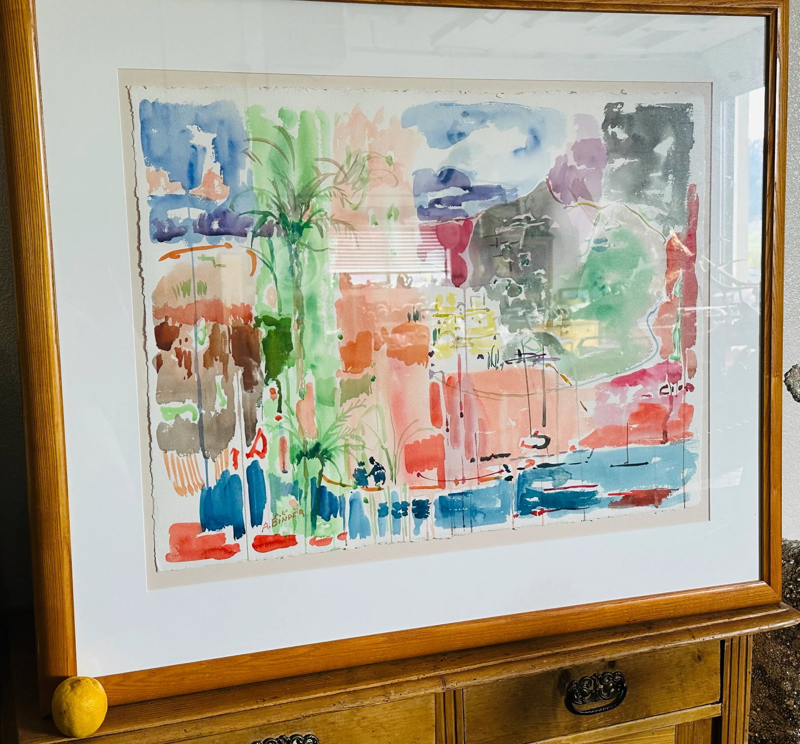 Large Vintage Watercolor Painting by Avraham Binder, Coastal, Colorful Sea Side Bustling Leisure Har - 3