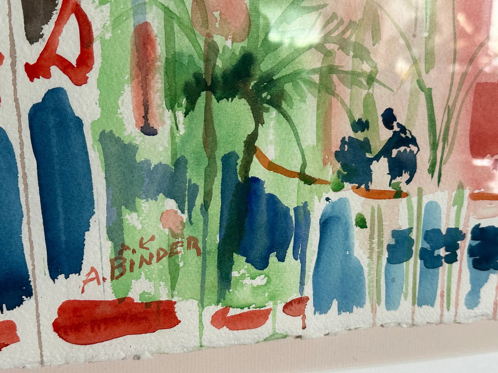 Large Vintage Watercolor Painting by Avraham Binder, Coastal, Colorful Sea Side Bustling Leisure Har - 4