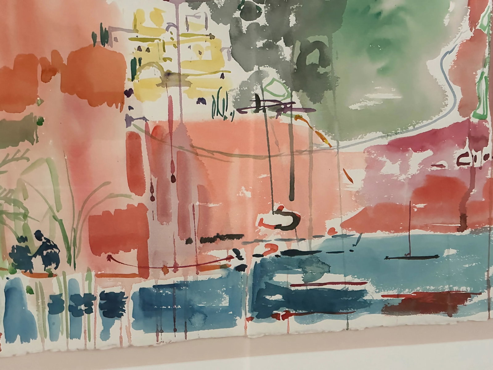 Large Vintage Watercolor Painting by Avraham Binder, Coastal, Colorful Sea Side Bustling Leisure Har - 5
