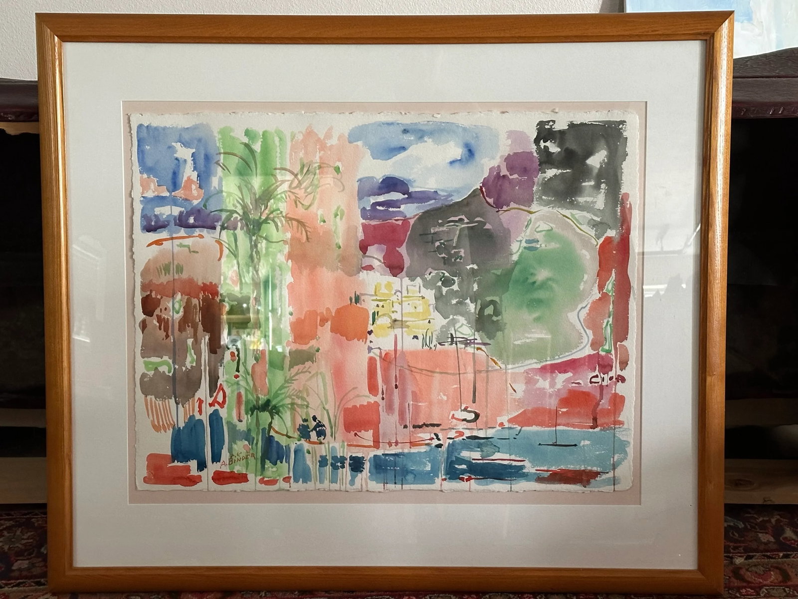 Large Vintage Watercolor Painting by Avraham Binder, Coastal, Colorful Sea Side Bustling Leisure Har - 8