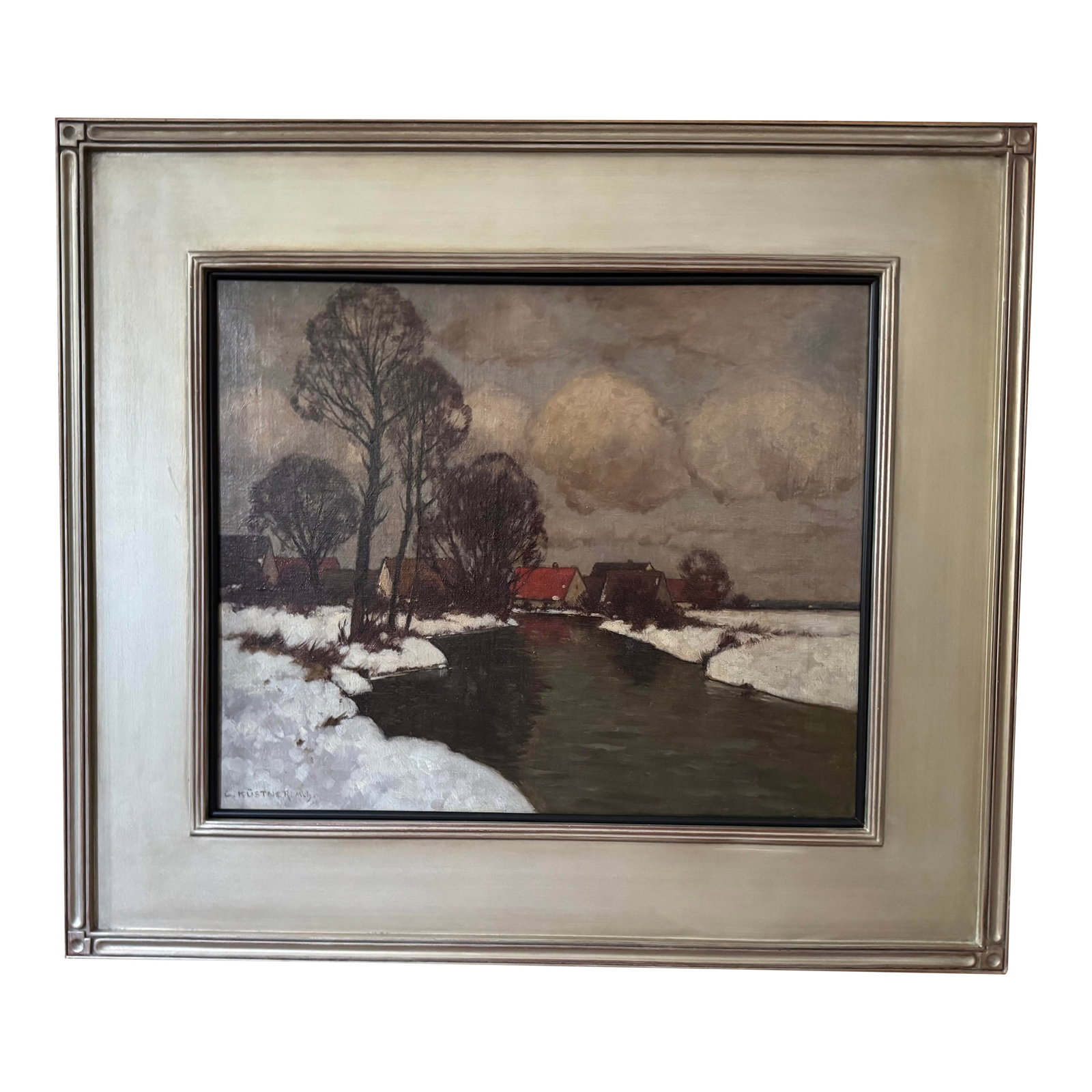 Winter Landscape by Carl Kustner, Oil Painting on Canvas C. 1910: This lovely original oil painting is a beautiful evocation of the solitude and quite of a late winter afternoon. Painted by one of the best exponents of the Munich School in the early 20th century, Ca