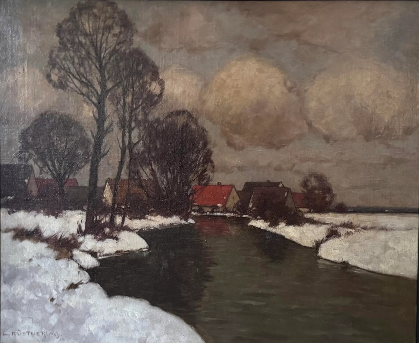 Winter Landscape by Carl Kustner, Oil Painting on Canvas C. 1910 - 3