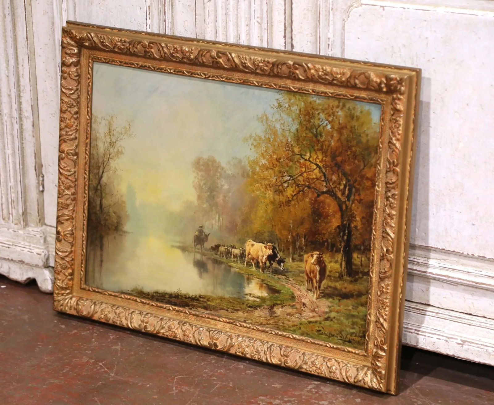 19th C. French Oil Painting With Herd in Carved Frame Signed Theodore Levigne - 2