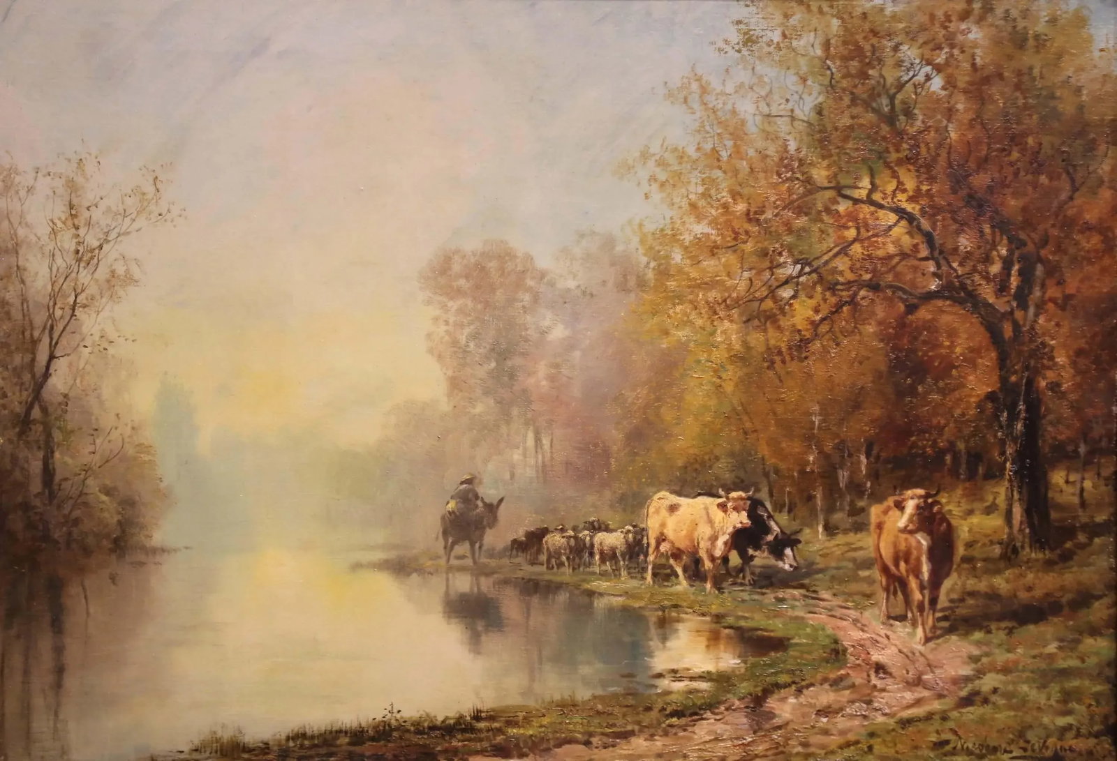 19th C. French Oil Painting With Herd in Carved Frame Signed Theodore Levigne - 3